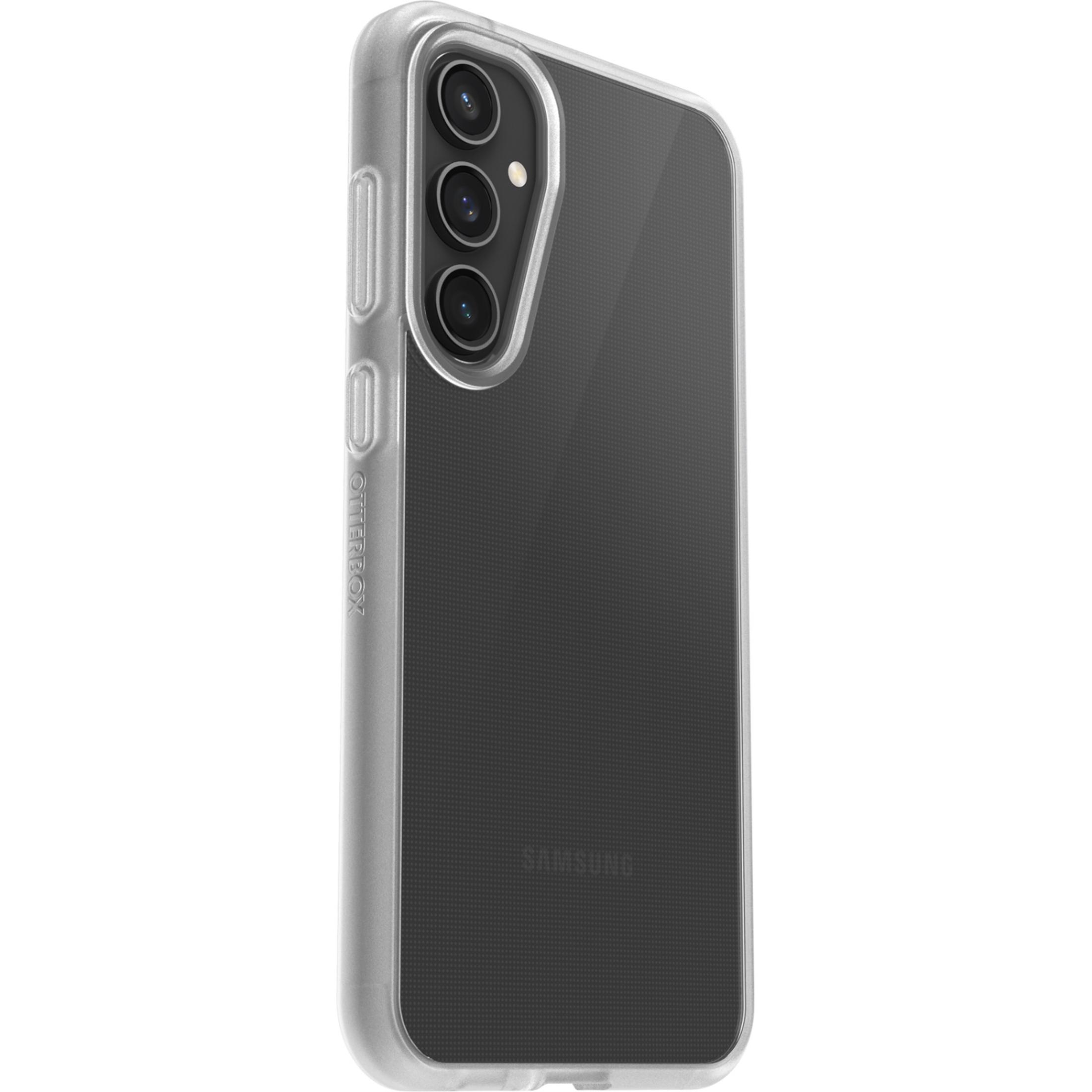 Doorzichtige telefoonhoes met zilveren rand en drie cameralenzen.