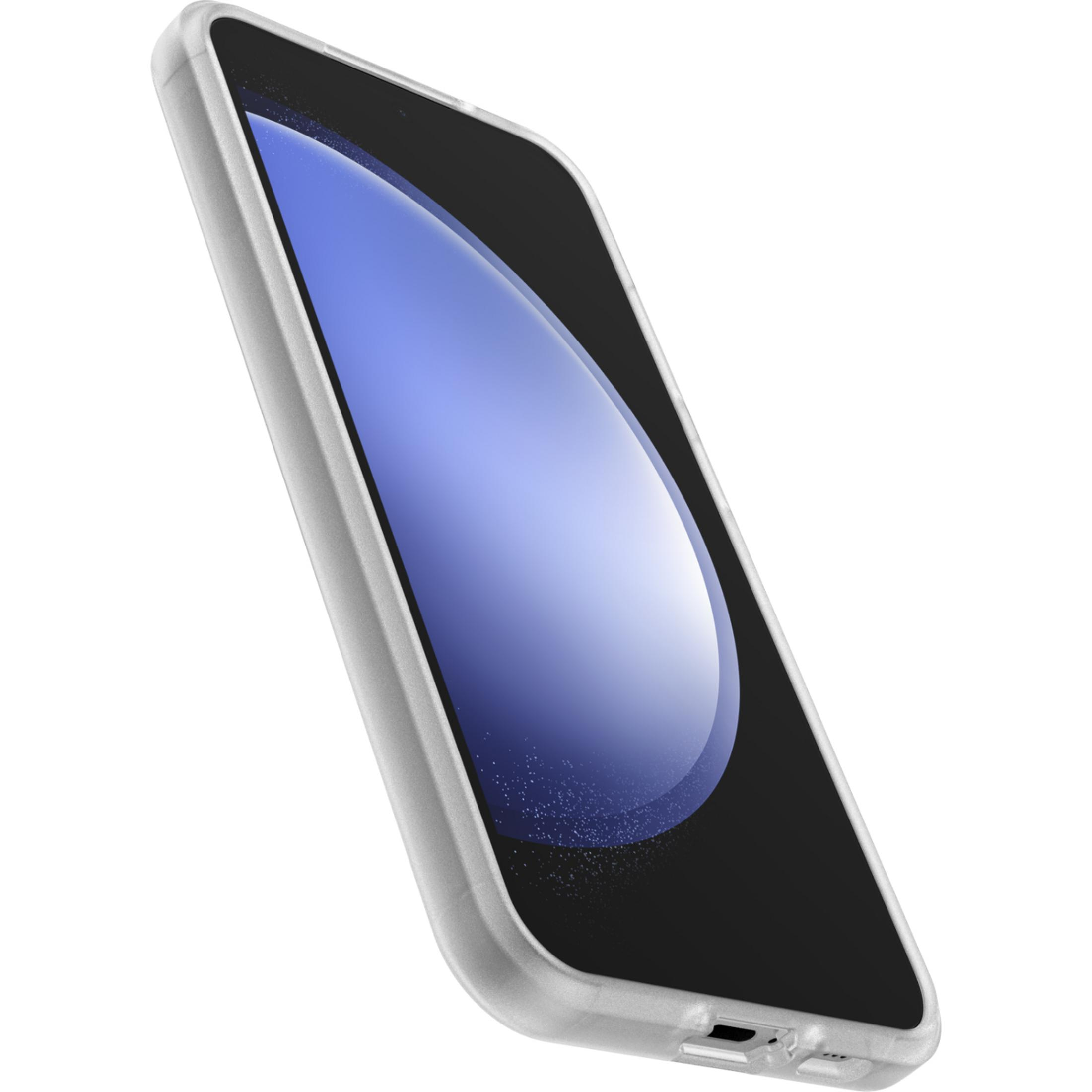 Een doorzichtige telefoonhoes mock-up met een blauw scherm en lichten.