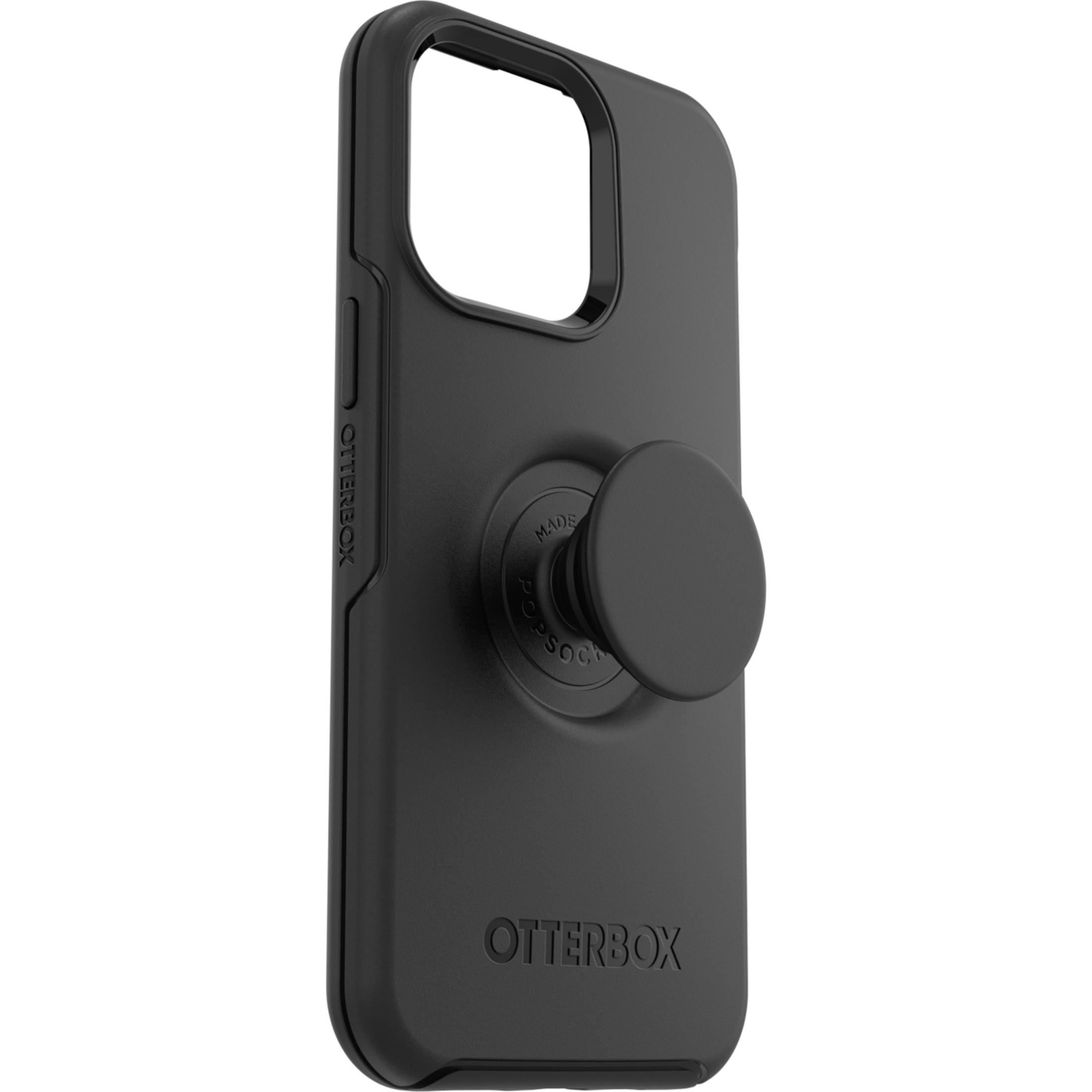 Schwarzes Handyhülle mit schwarzem Pop-Socket auf der Rückseite. Otterbox-Logo.