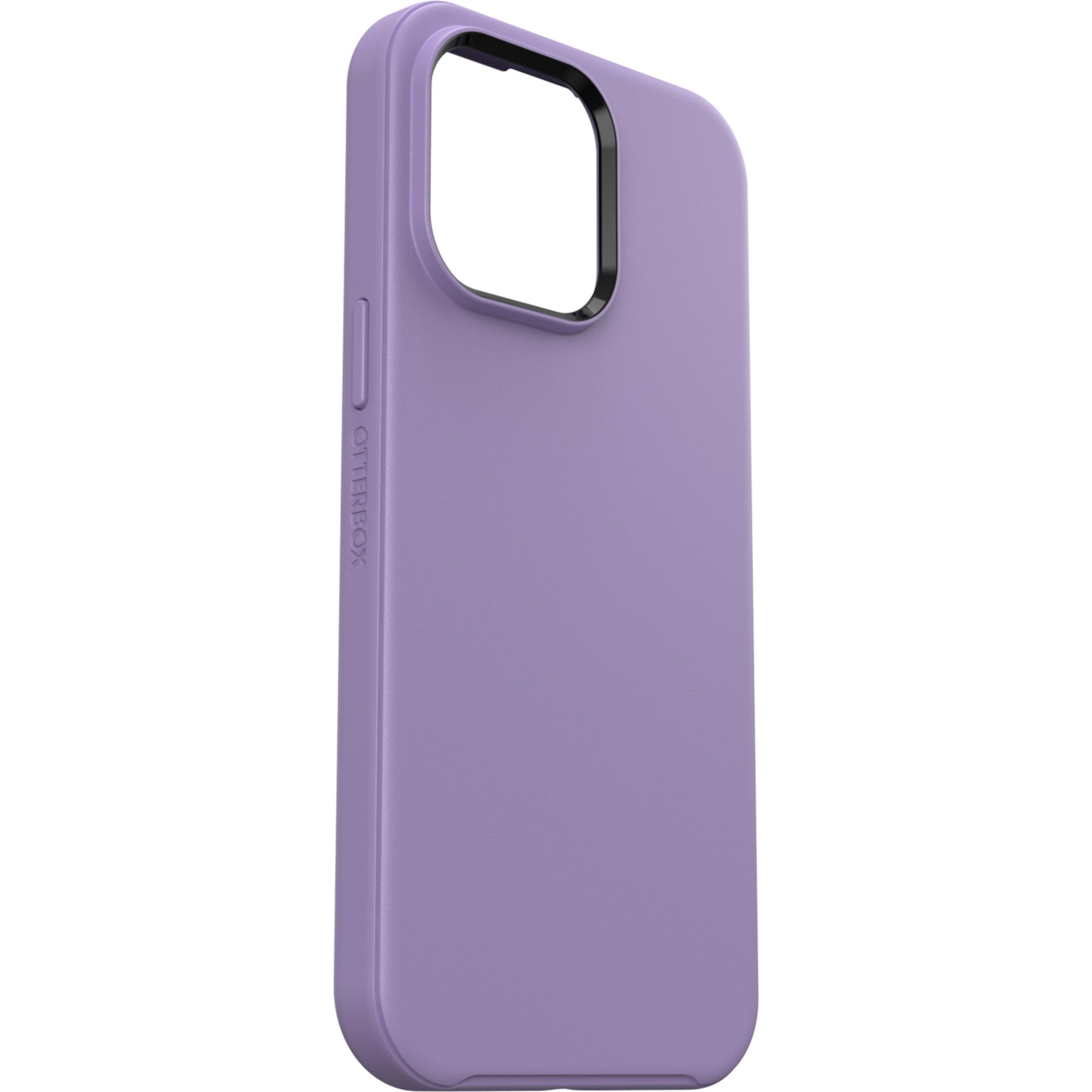 A purple Otterbox phone case with a black rim around the camera cutout.