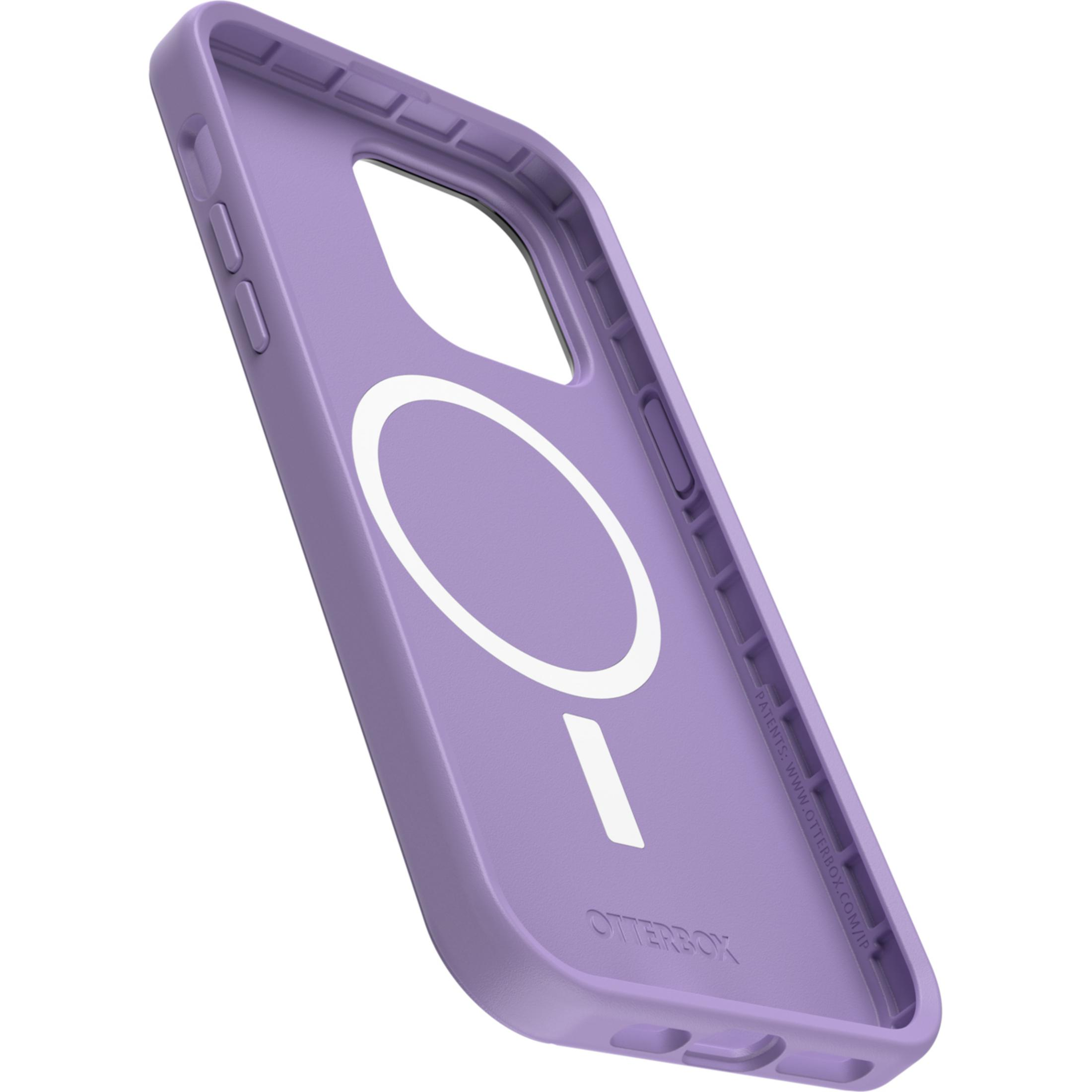 Purple phone case with white circle and dash for MagSafe charger.