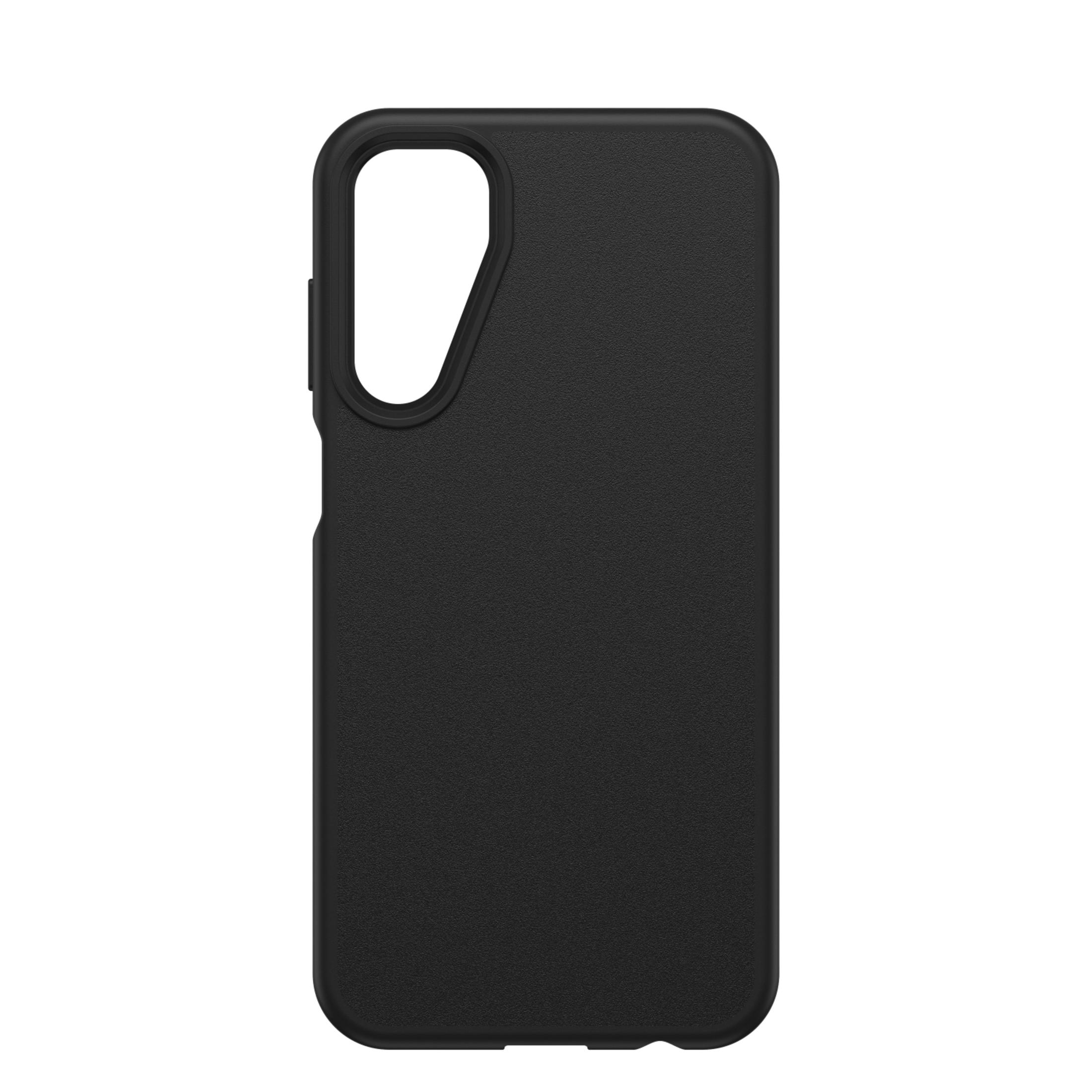 Zwarte telefoonhoes met uitsparingen voor camera en knoppen.