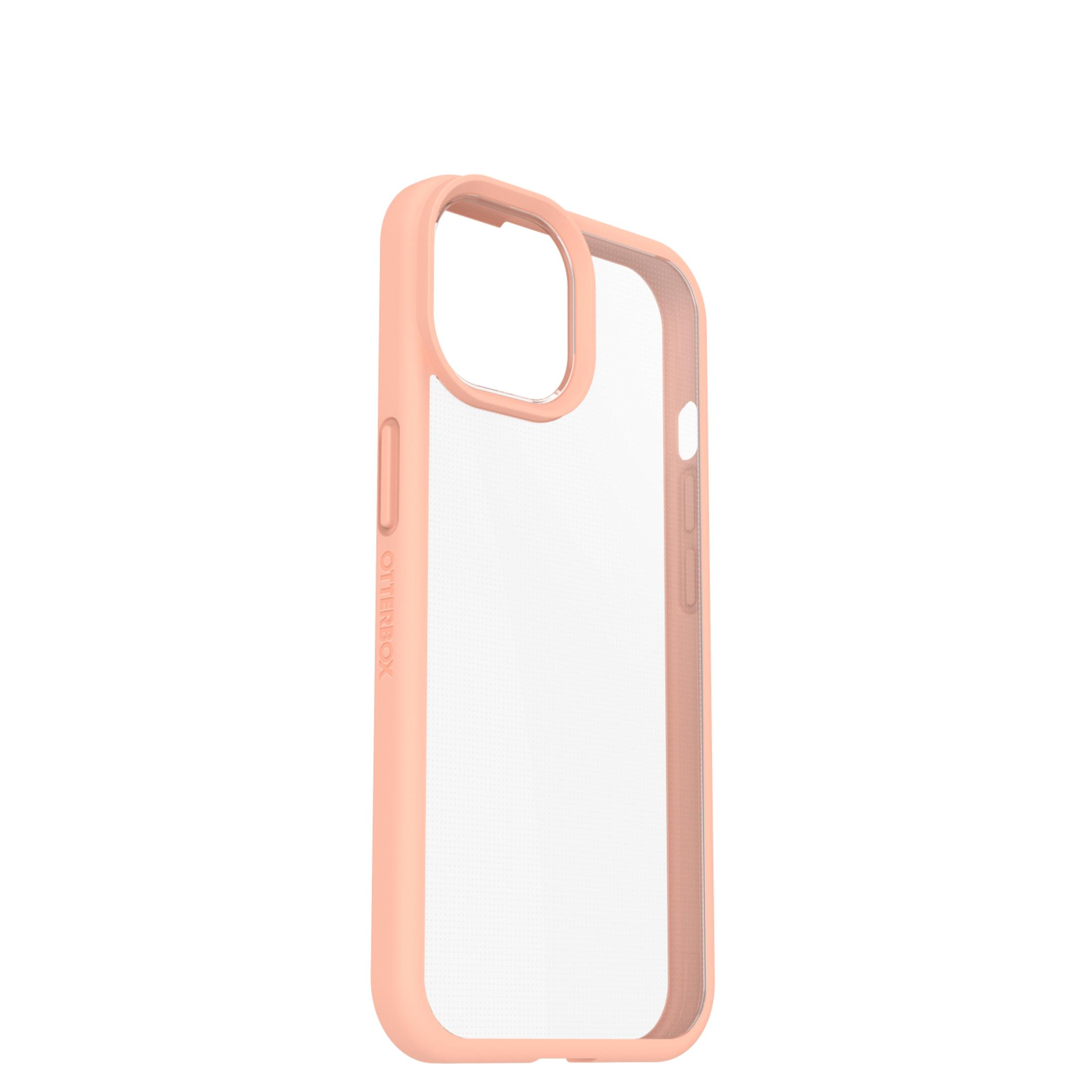 Pfirsichfarbene Handyhülle mit klarem Rücken und Otterbox-Logo.