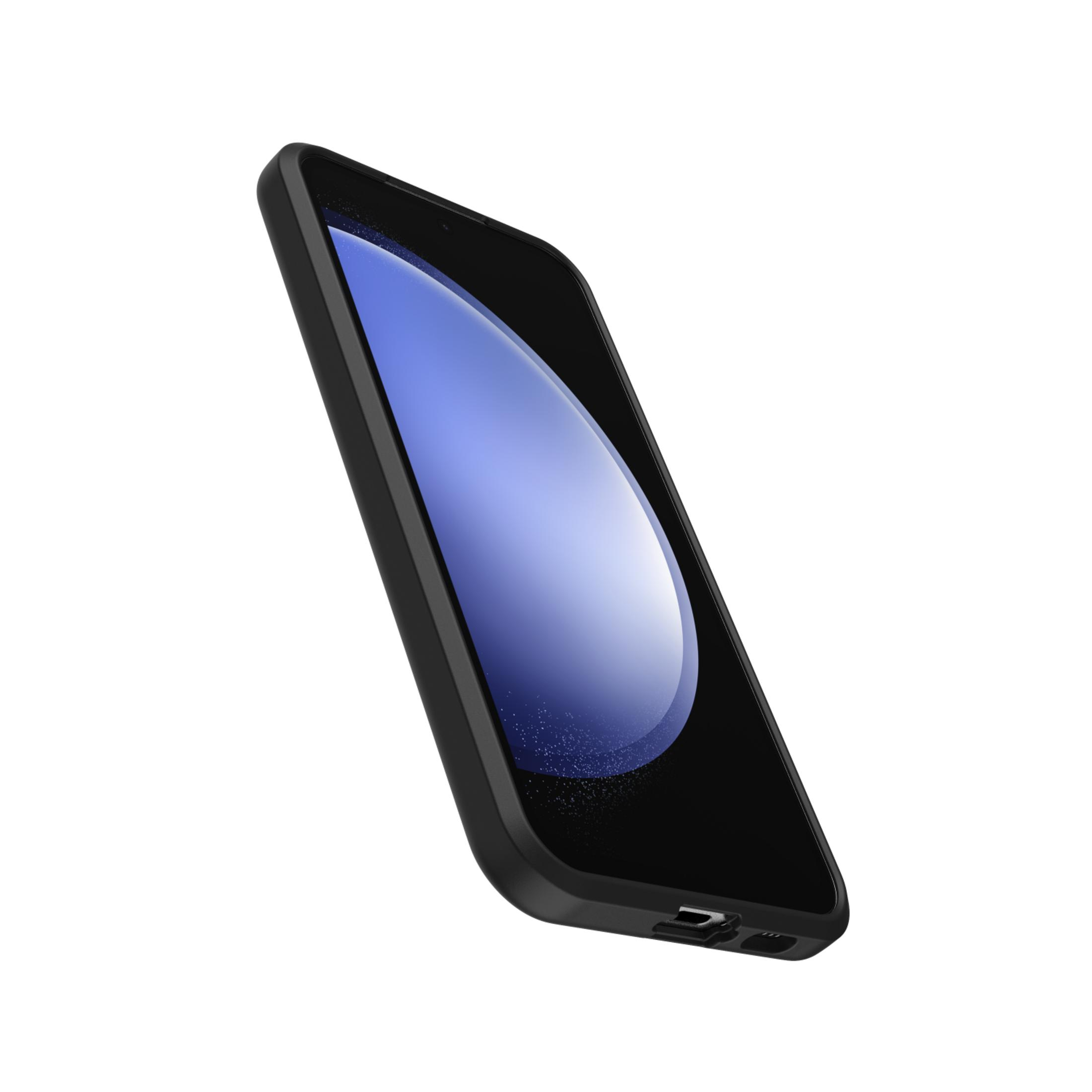 Black smartphone with a blue gradient on screen, angled view, isolated on white.