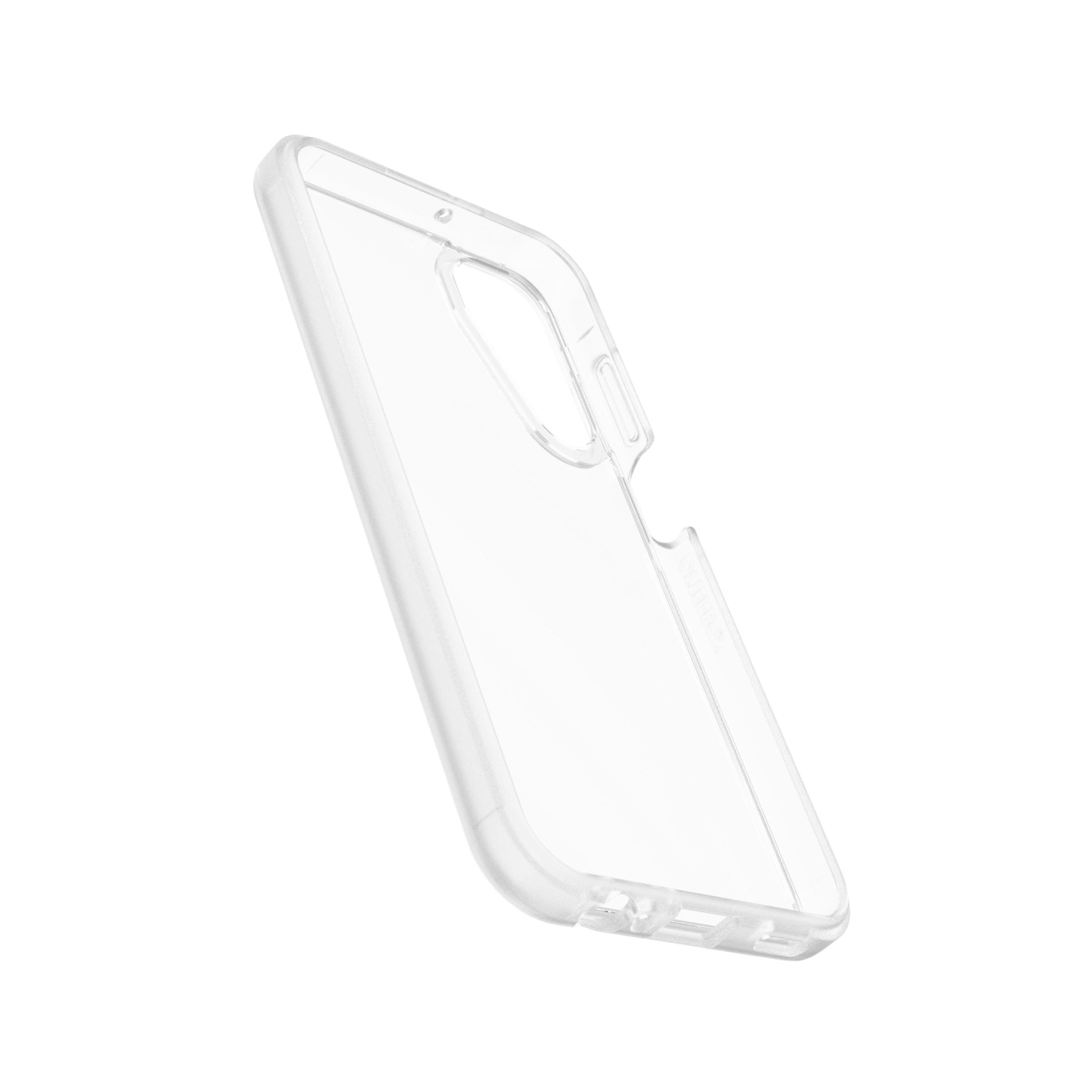 Transparante plastic telefoonhoes op witte achtergrond.