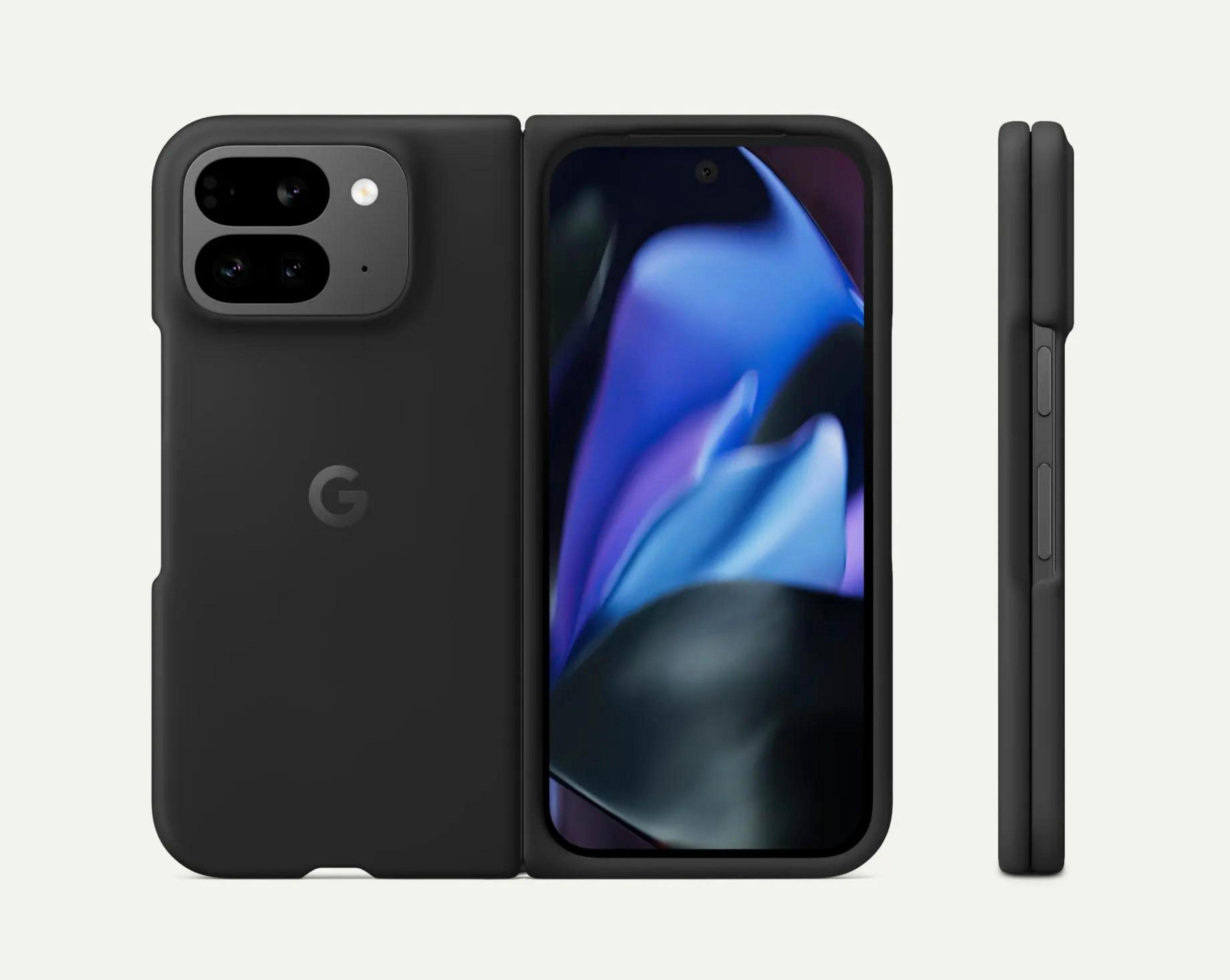 Schwarzes faltbares Smartphone mit Kameramodul auf der Rückseite und geöffnetem Bildschirm.