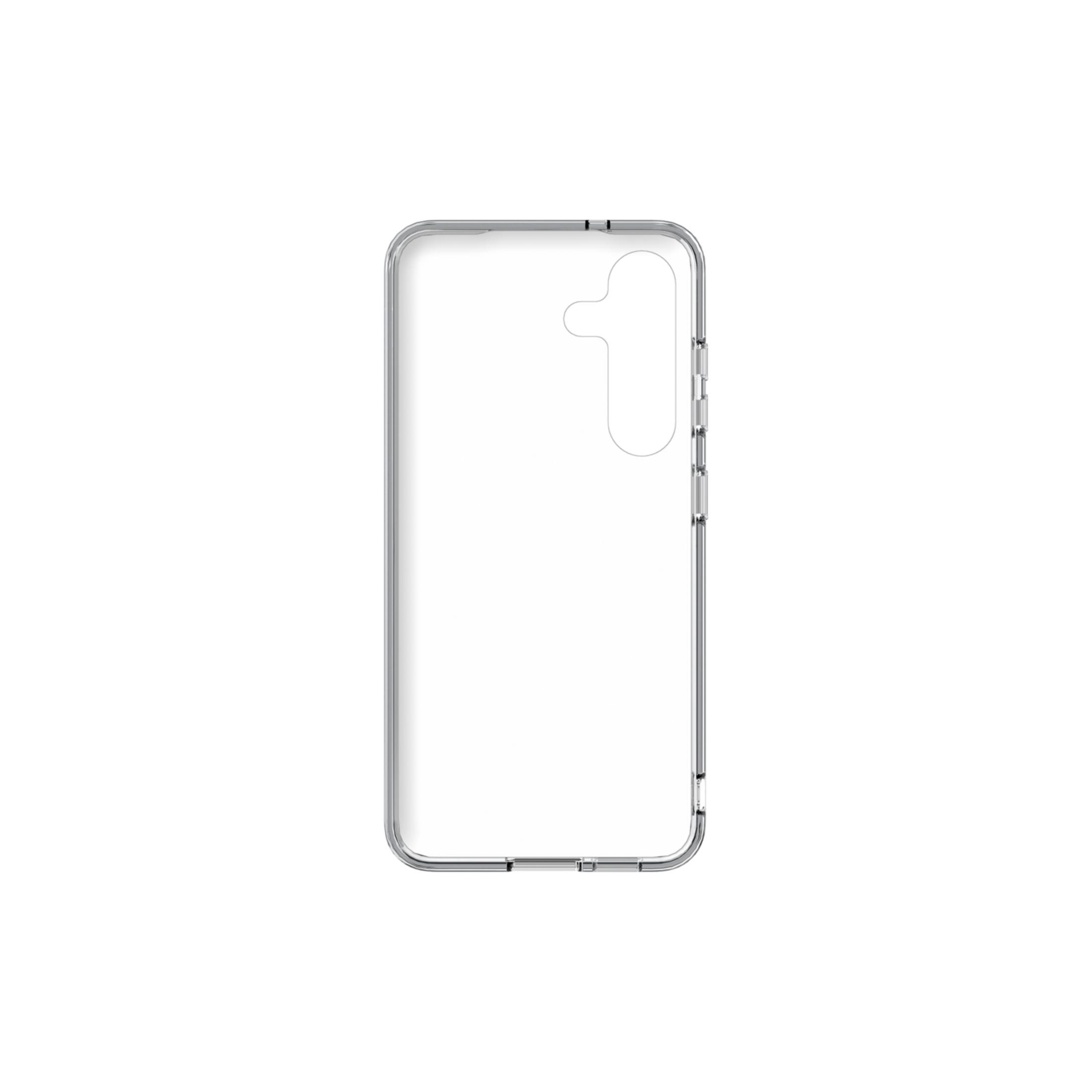 Custodia trasparente per telefono con ritagli per fotocamera e pulsanti.