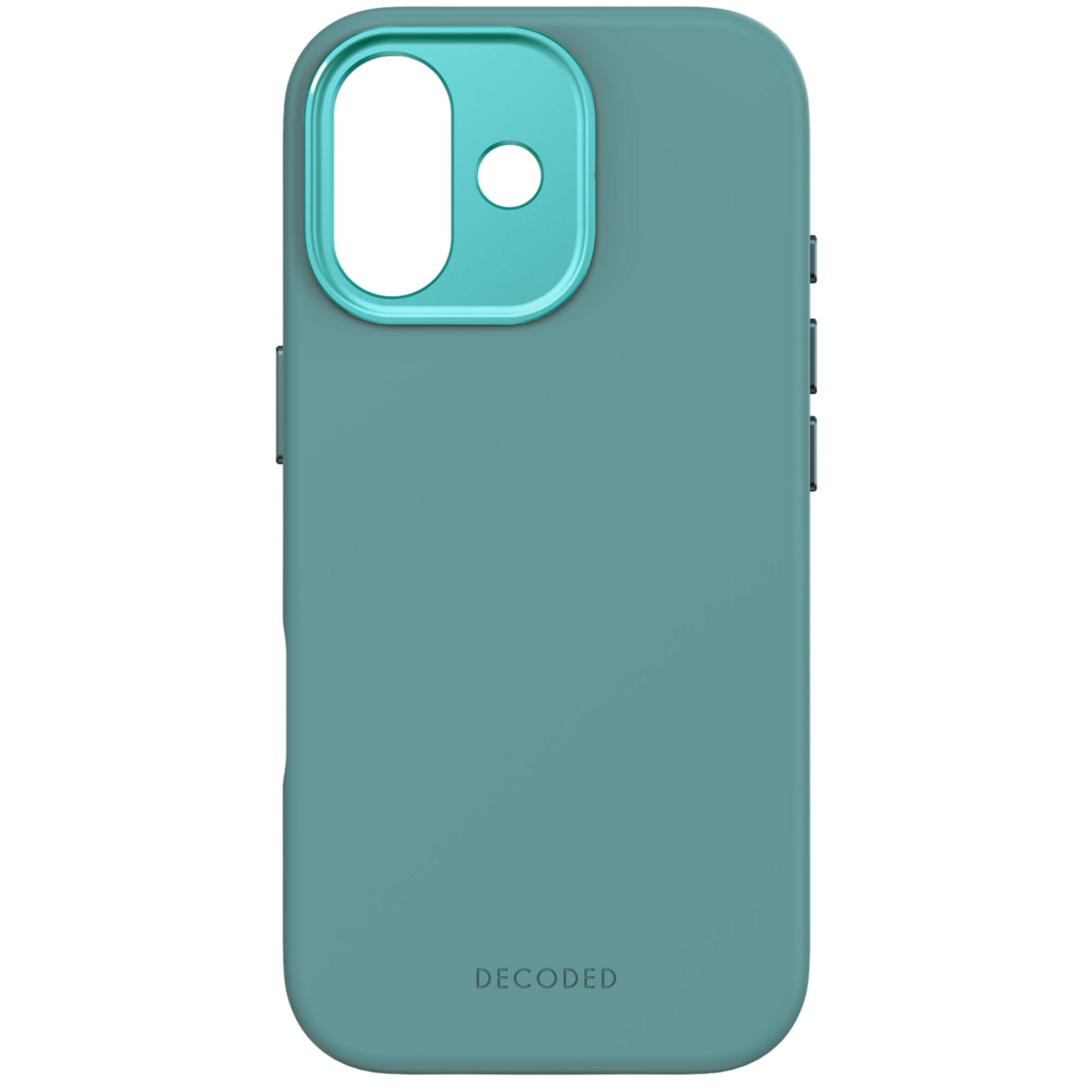 Una custodia per telefono color turchese con ritaglio circolare per fotocamera e logo DECODED.
