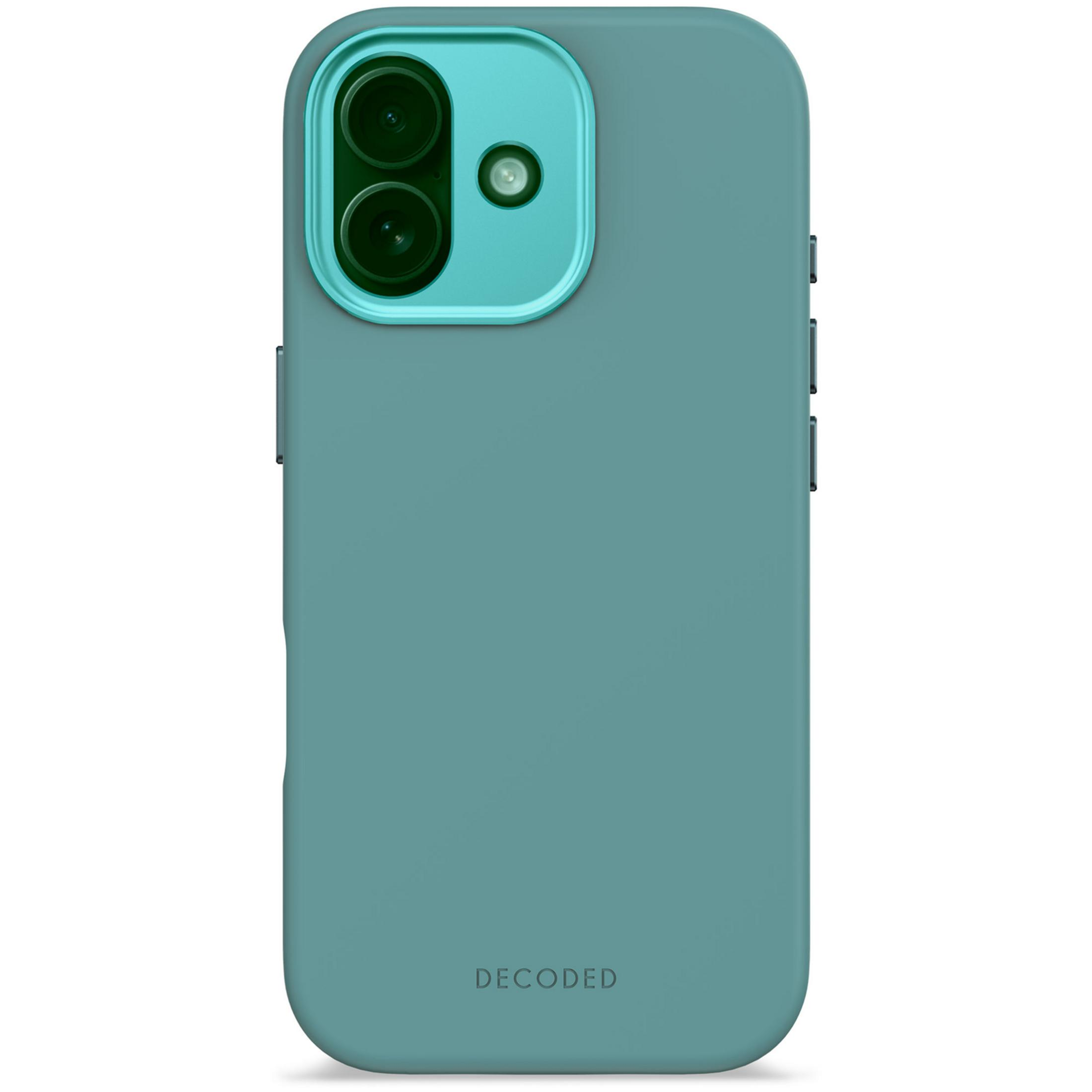 Una custodia per telefono verde acqua con una cornice per fotocamera turchese.