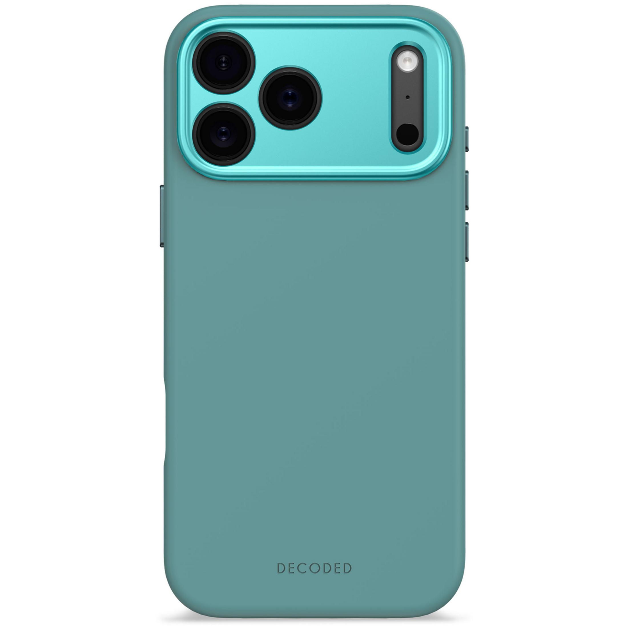 Een blauwe telefoonhoes met camerasysteem en flitser. DECODED logo.