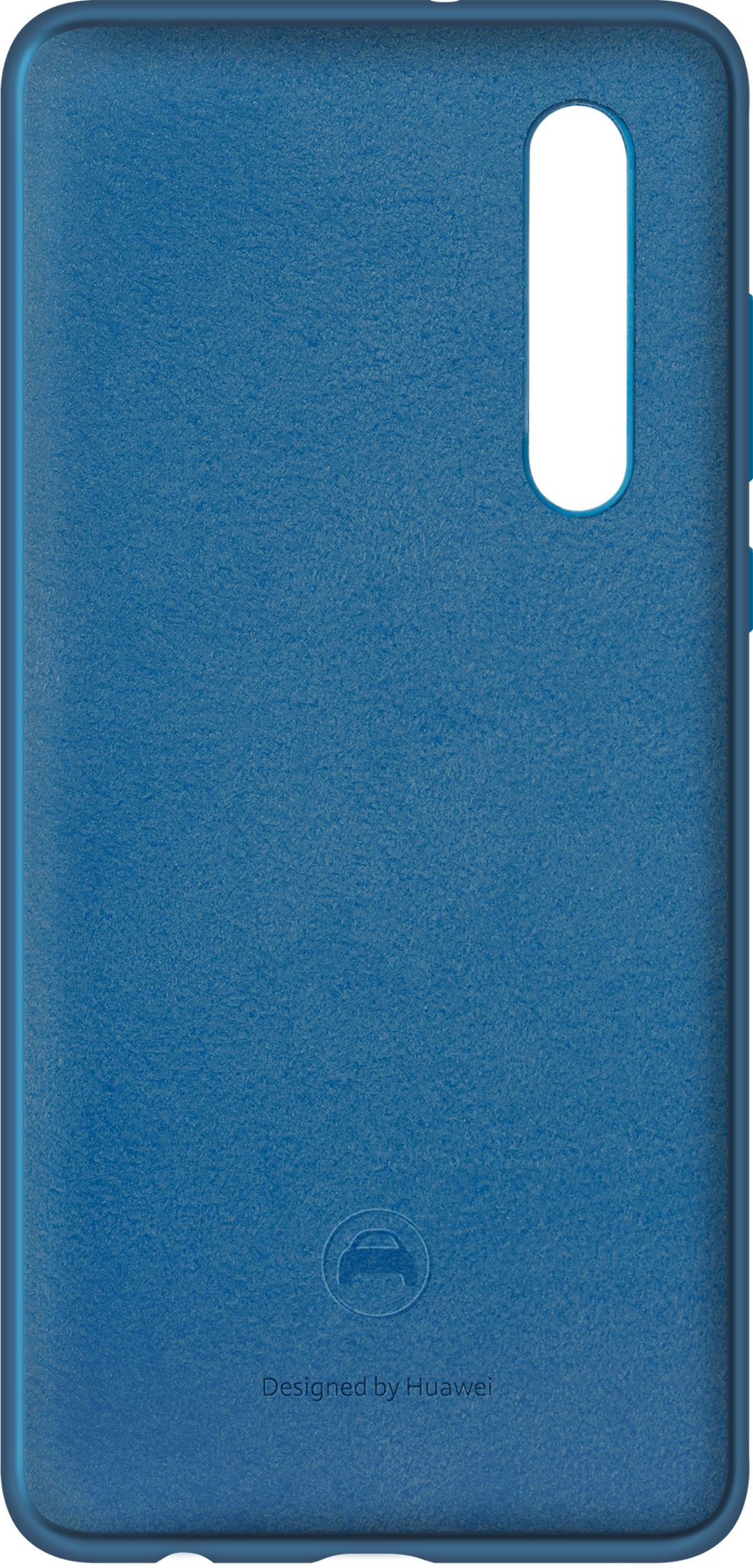 Custodia blu per telefono con ritaglio fotocamera e logo Huawei.