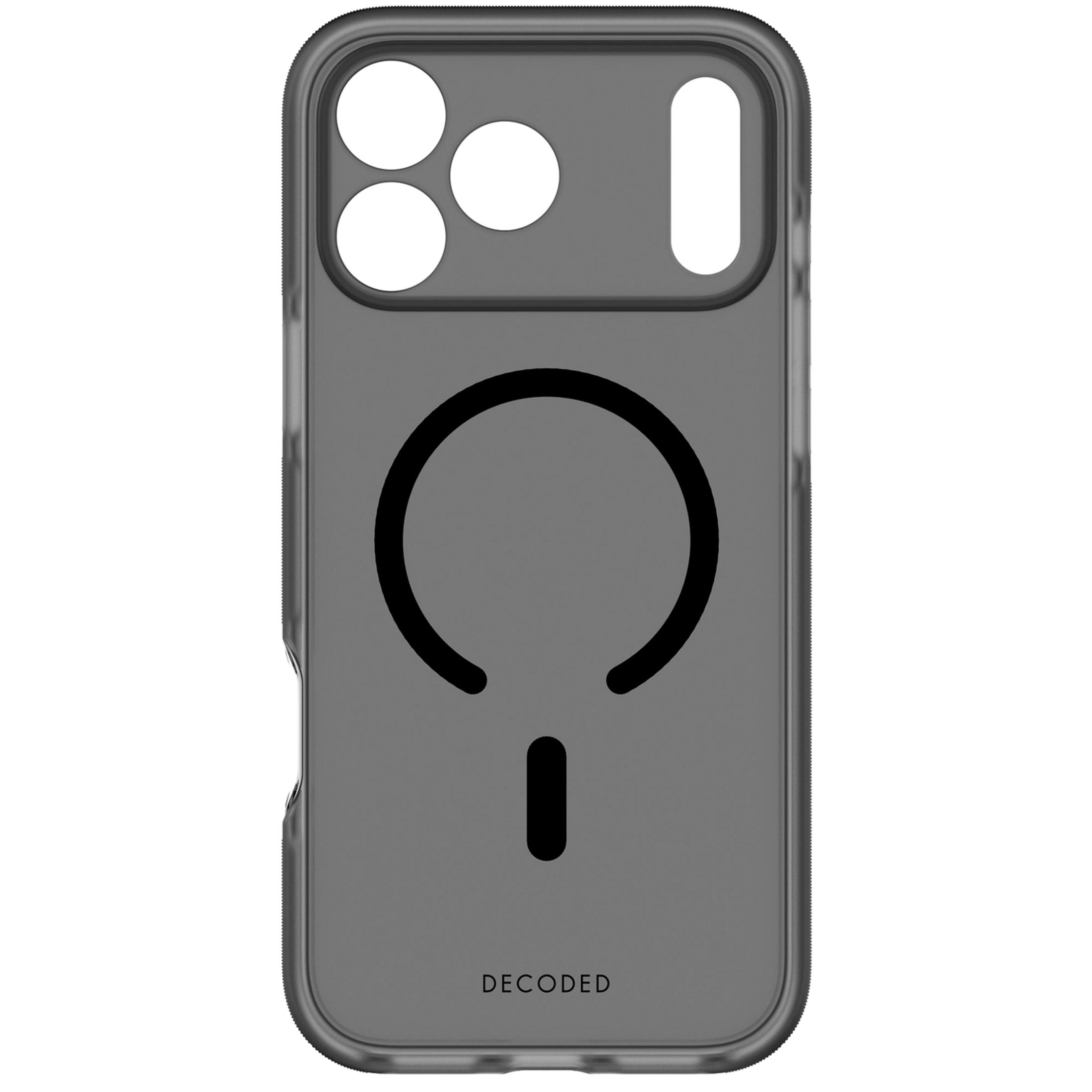 Custodia grigia per telefono con ritaglio fotocamera e logo.