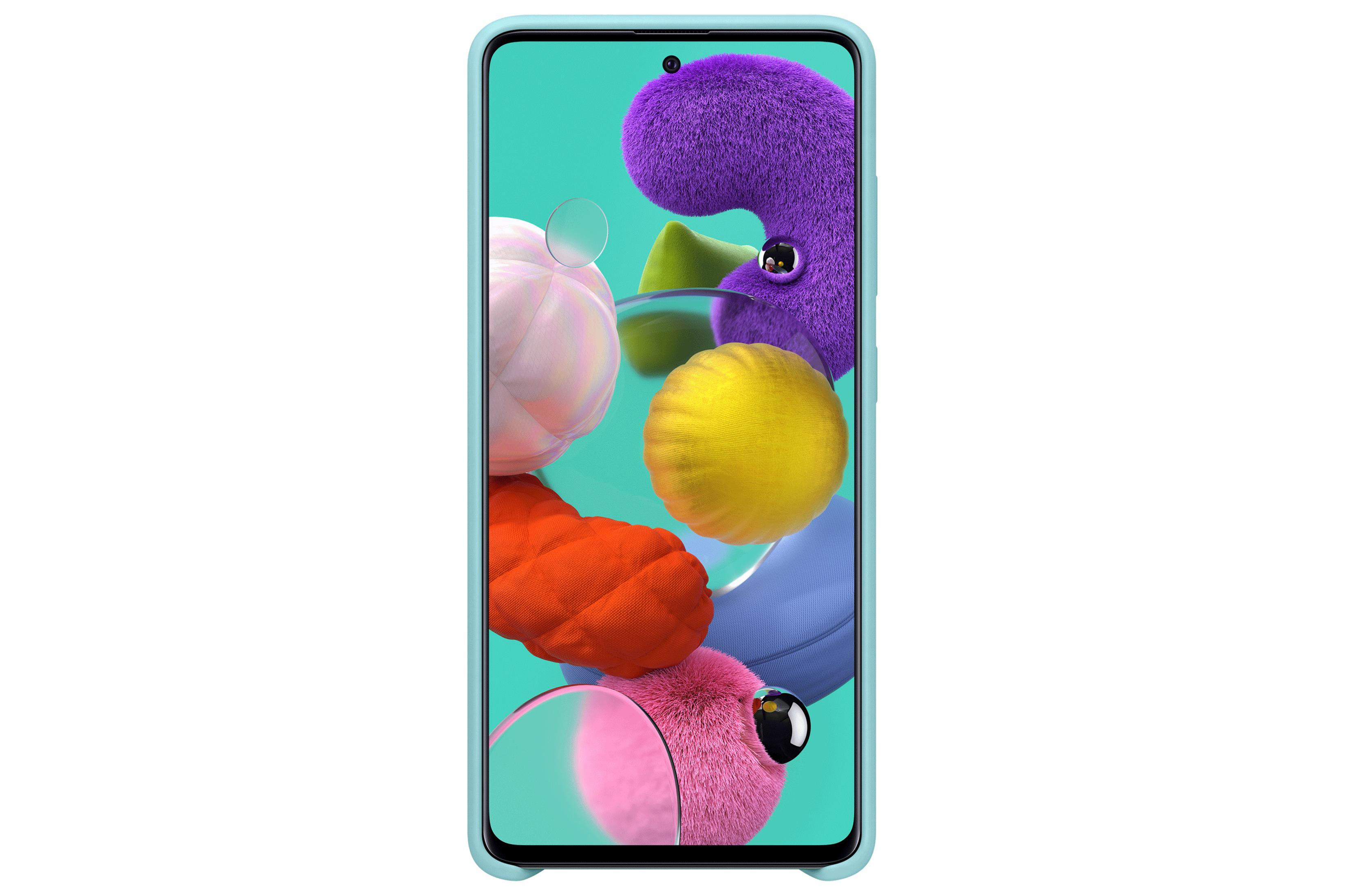 Een lichtblauwe smartphone met een kleurrijke, abstracte achtergrond.