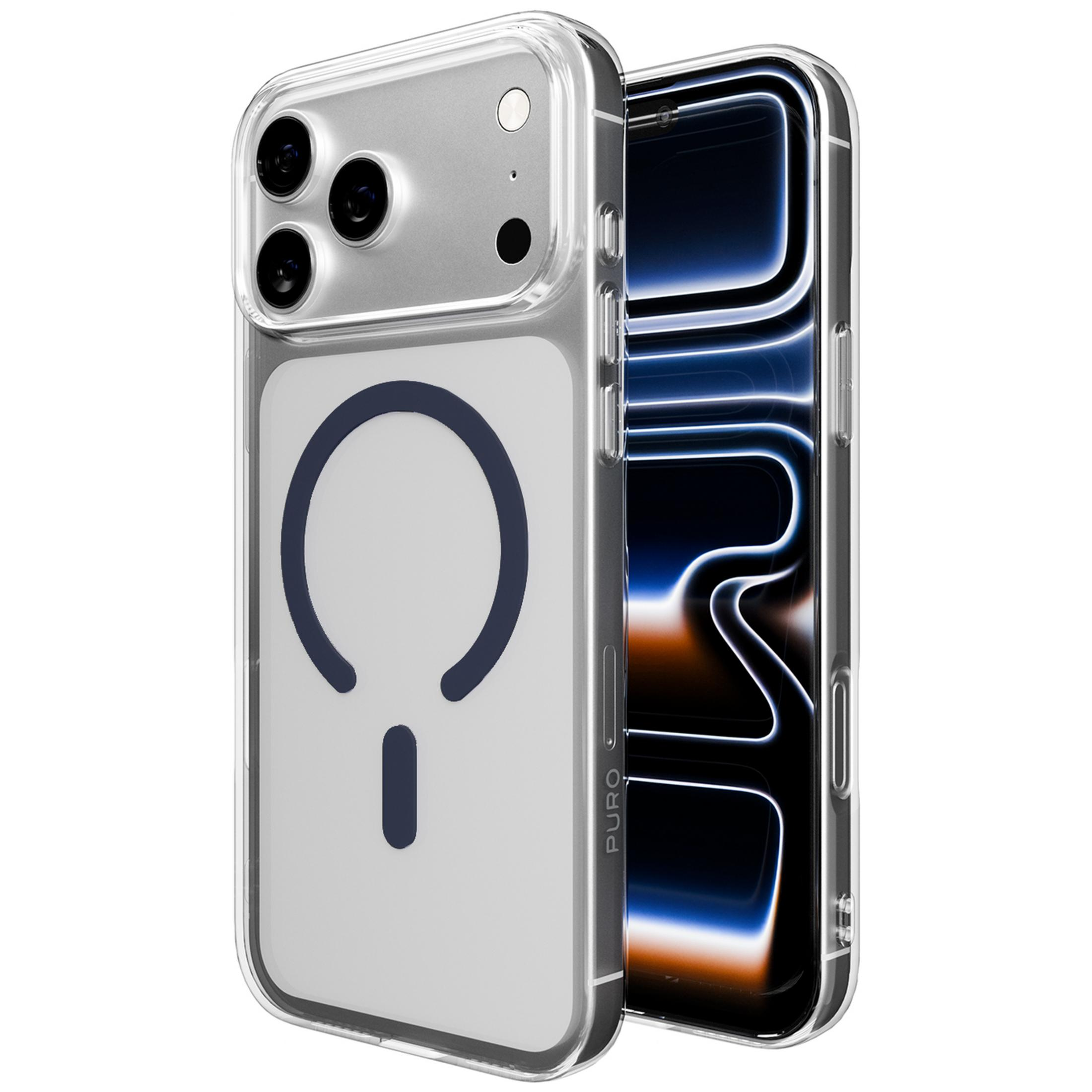 Custodia trasparente per telefono con anello magnetico blu scuro sul retro, accanto al telefono.