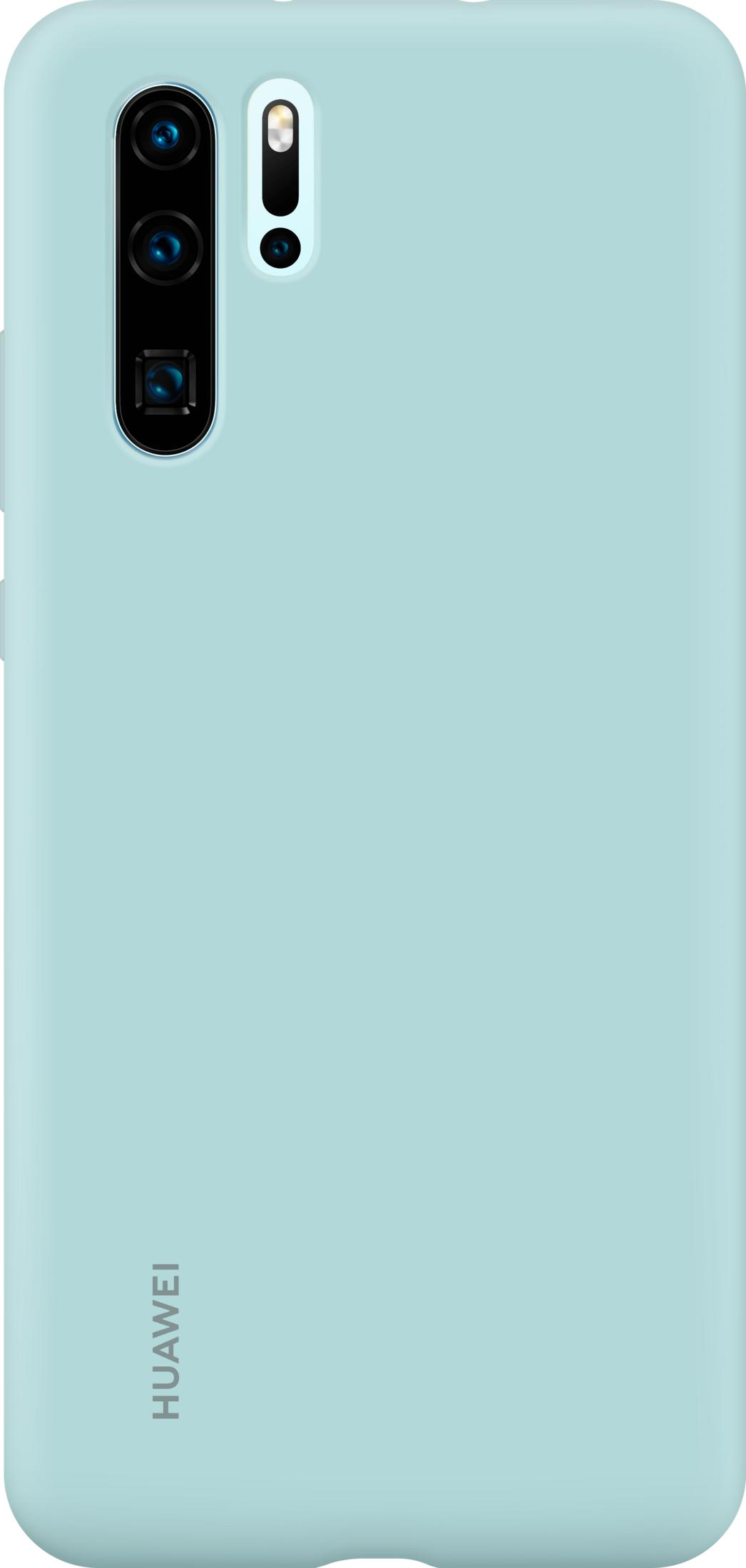 Custodia azzurra per telefono con logo Huawei e ritaglio fotocamera.
