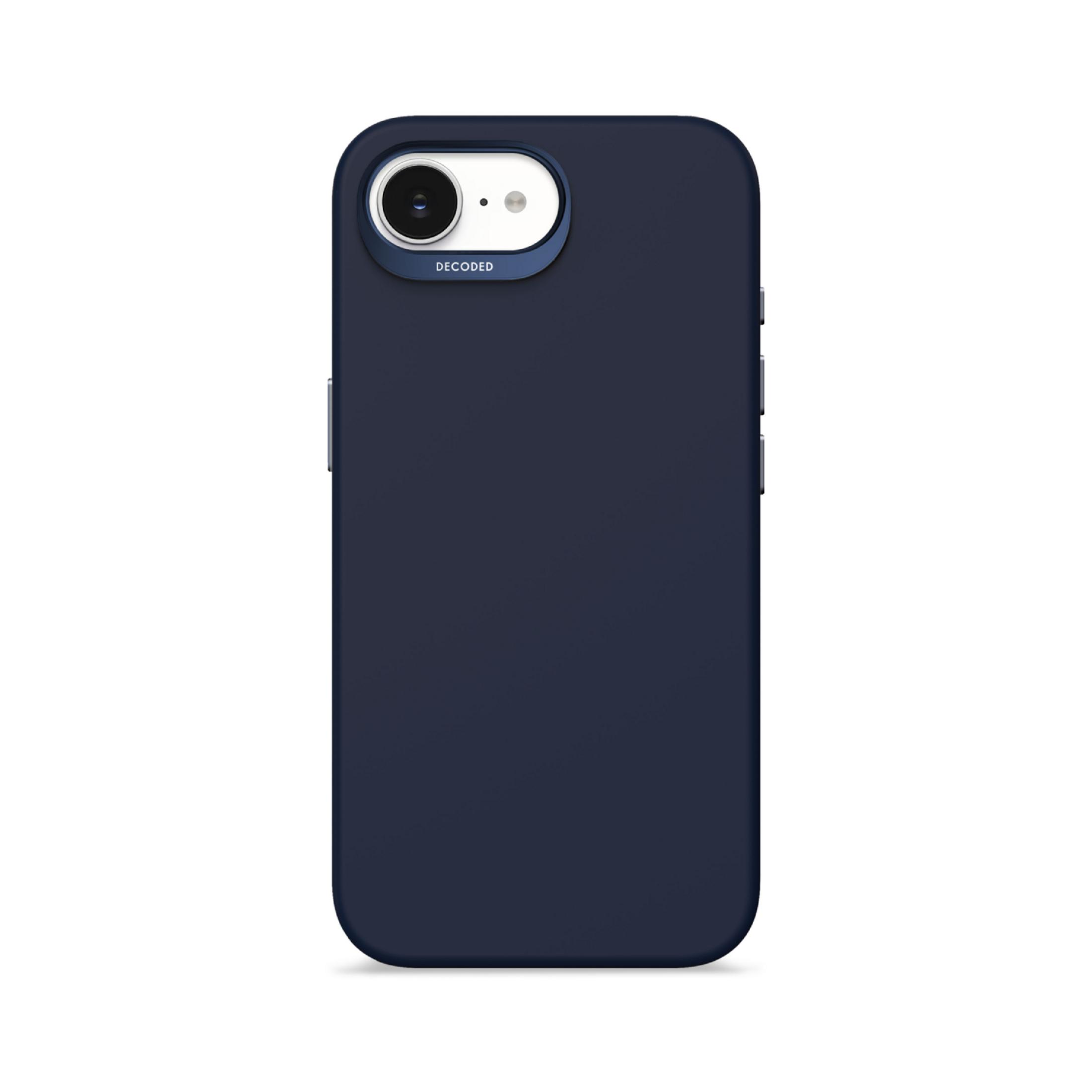 Donkerblauw telefoonhoesje met camera-uitsparing en het woord DECODED.