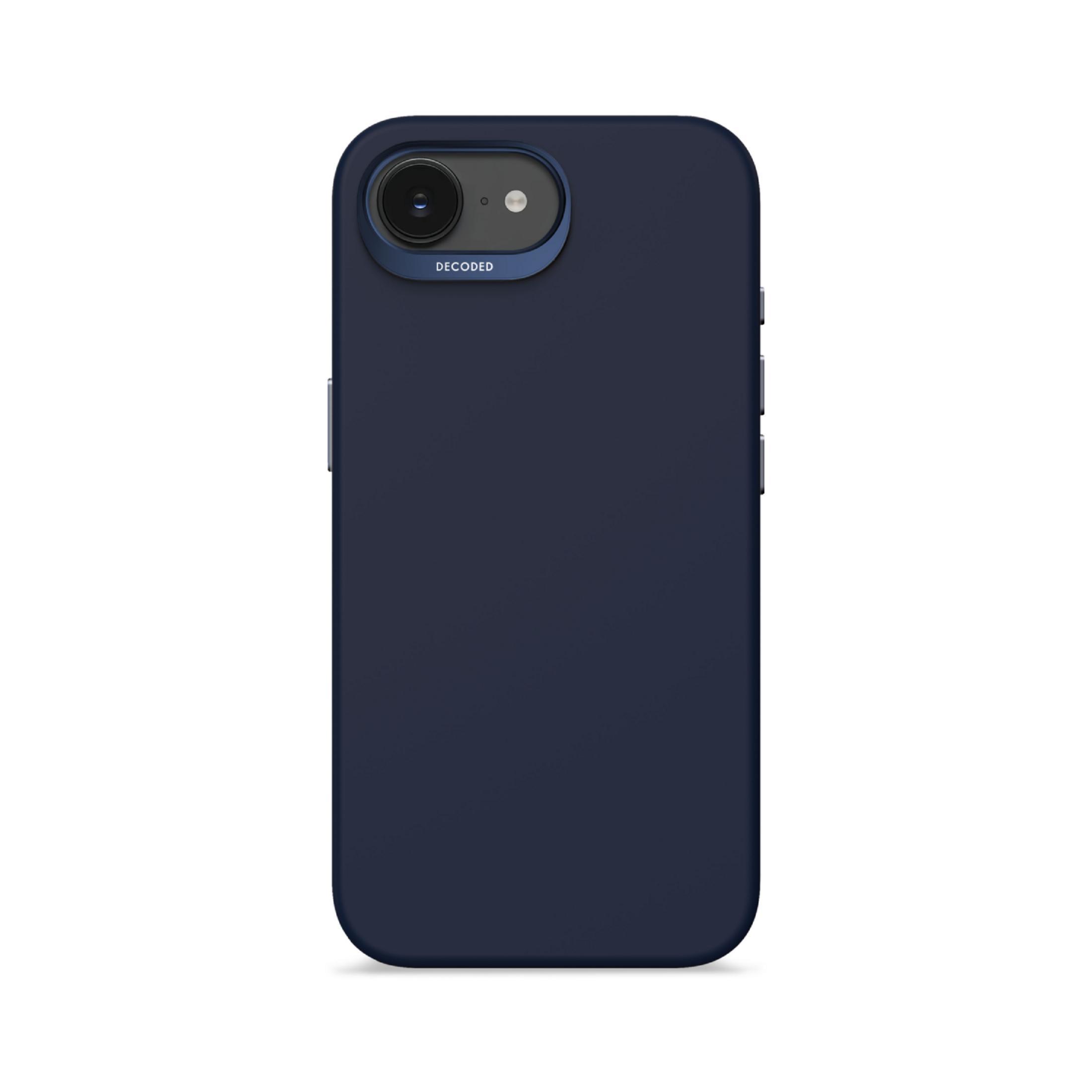 Donkerblauwe telefoonhoes met camera-uitsparing en "DECODED"-tekst.