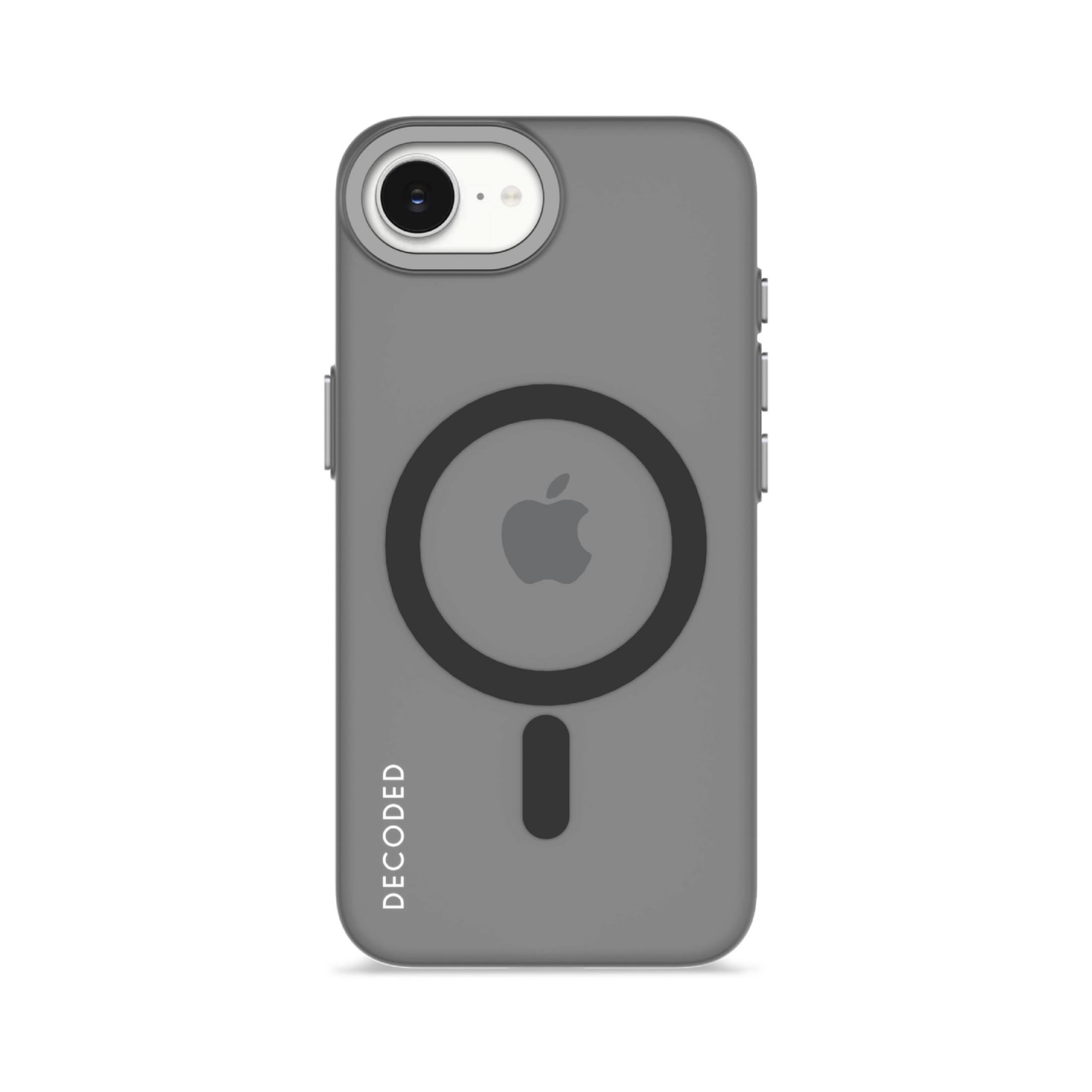 Custodia grigia per iPhone con logo Apple e testo DECODED.