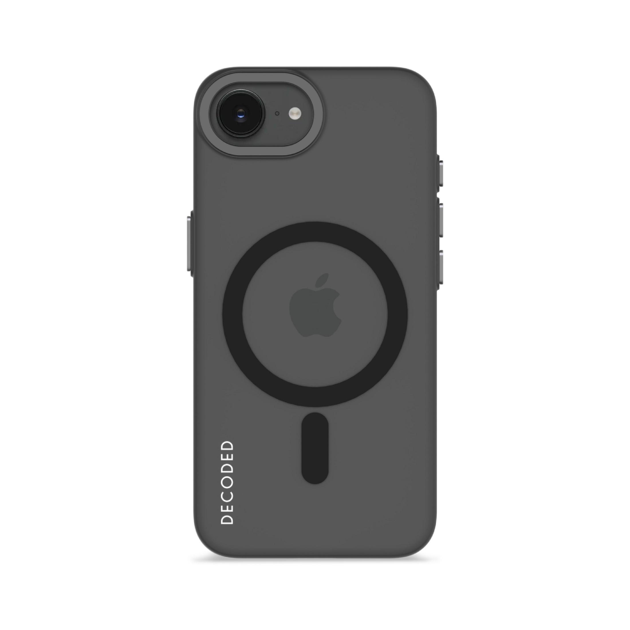 Custodia grigio scuro con logo Apple e scritta DECODED.