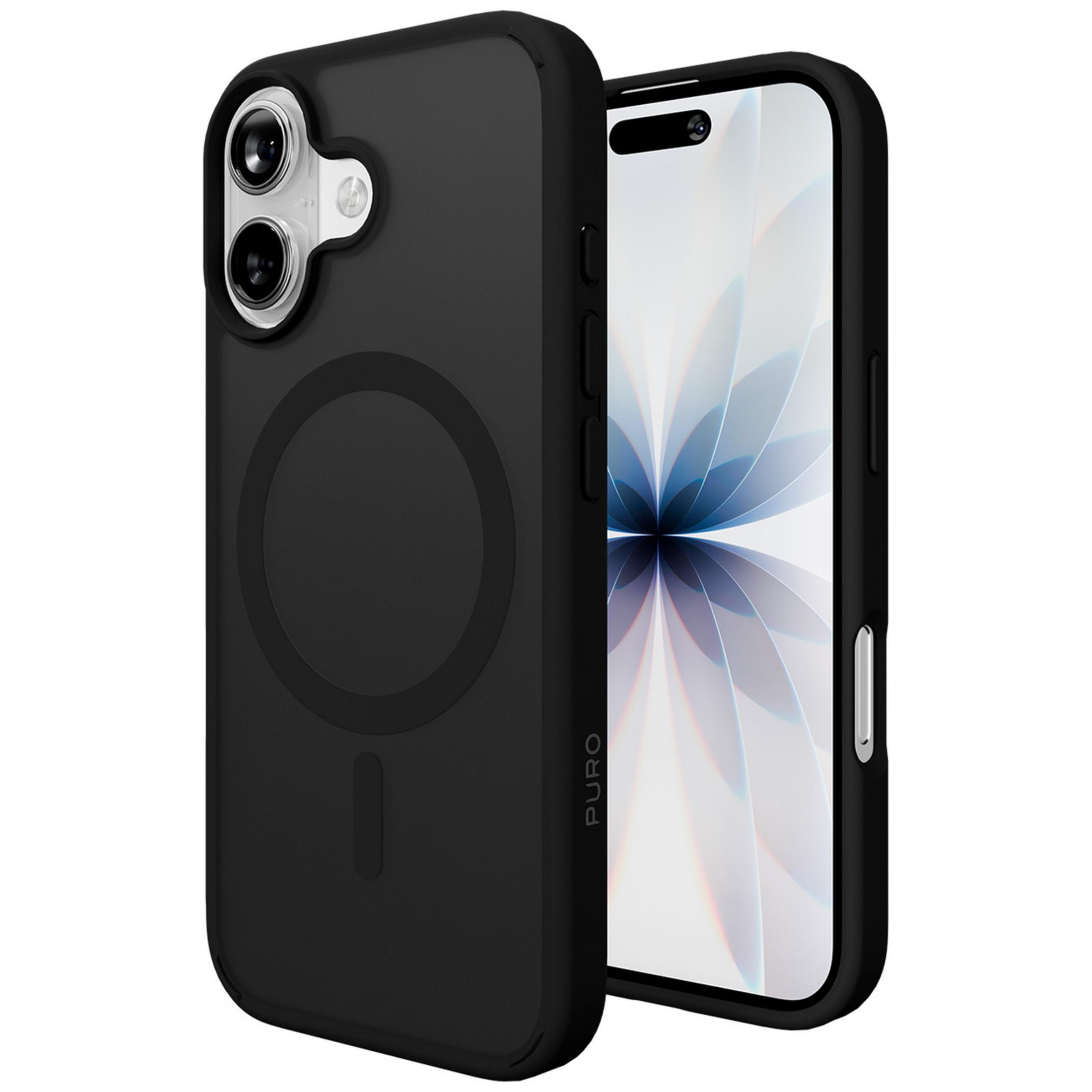 Custodia nera per telefono con ritaglio fotocamera e anello magnetico sul retro, accanto allo schermo del telefono.