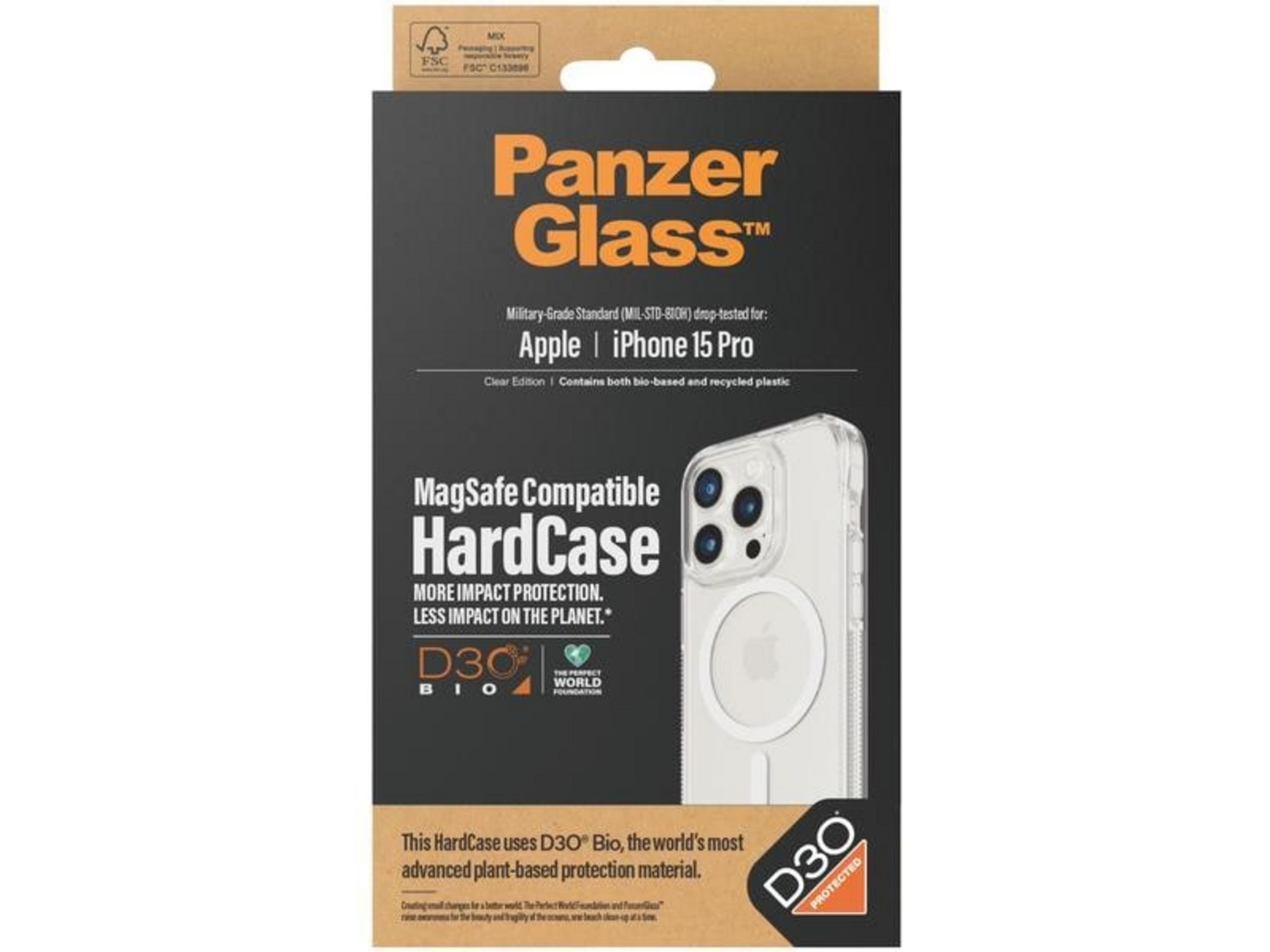 Panzer Glass MagSafe HardCase für iPhone 15 Pro. Klar, biobasiert, fallgetestet.