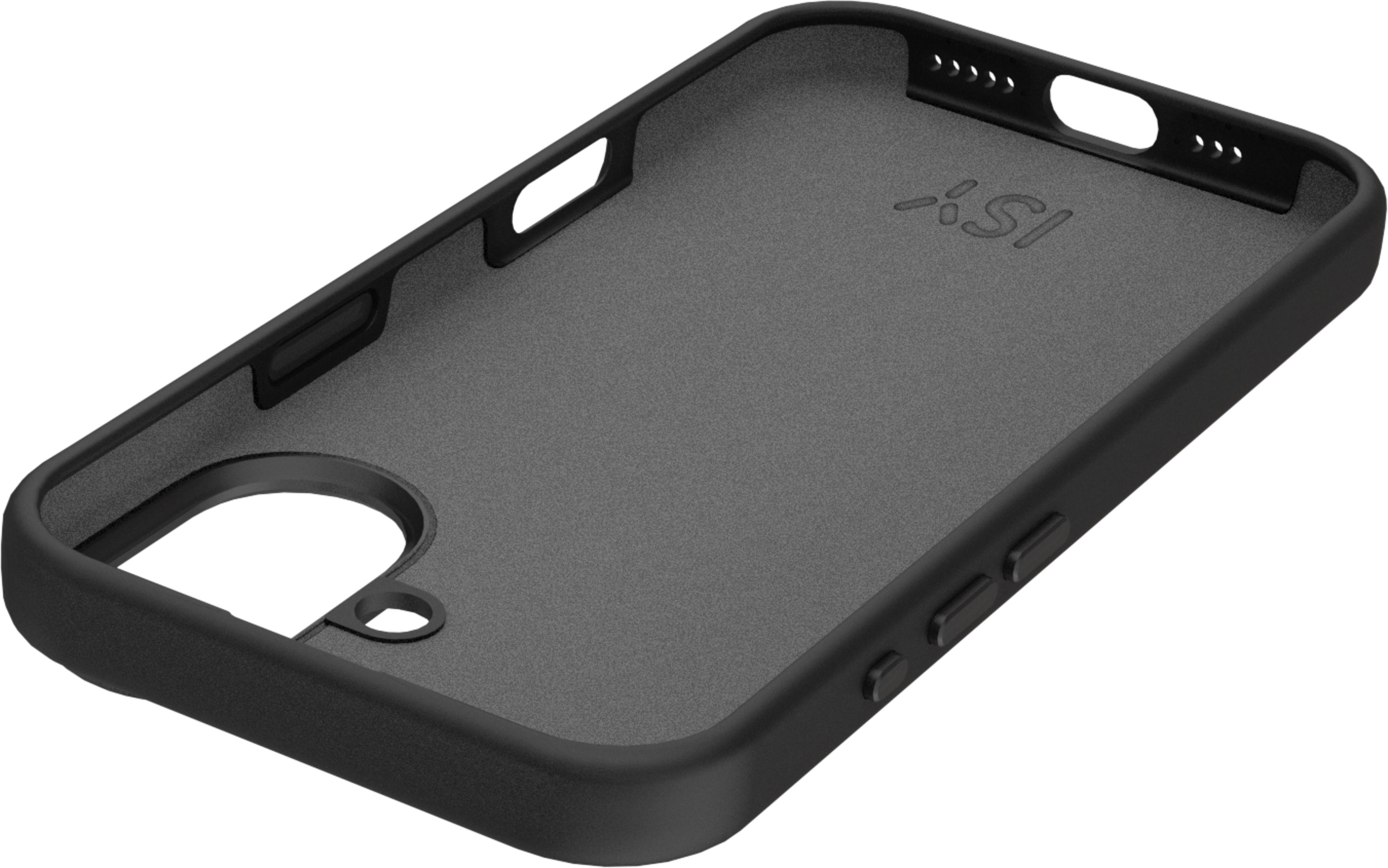 Funda negra para iPhone con forro interior suave y botones laterales.