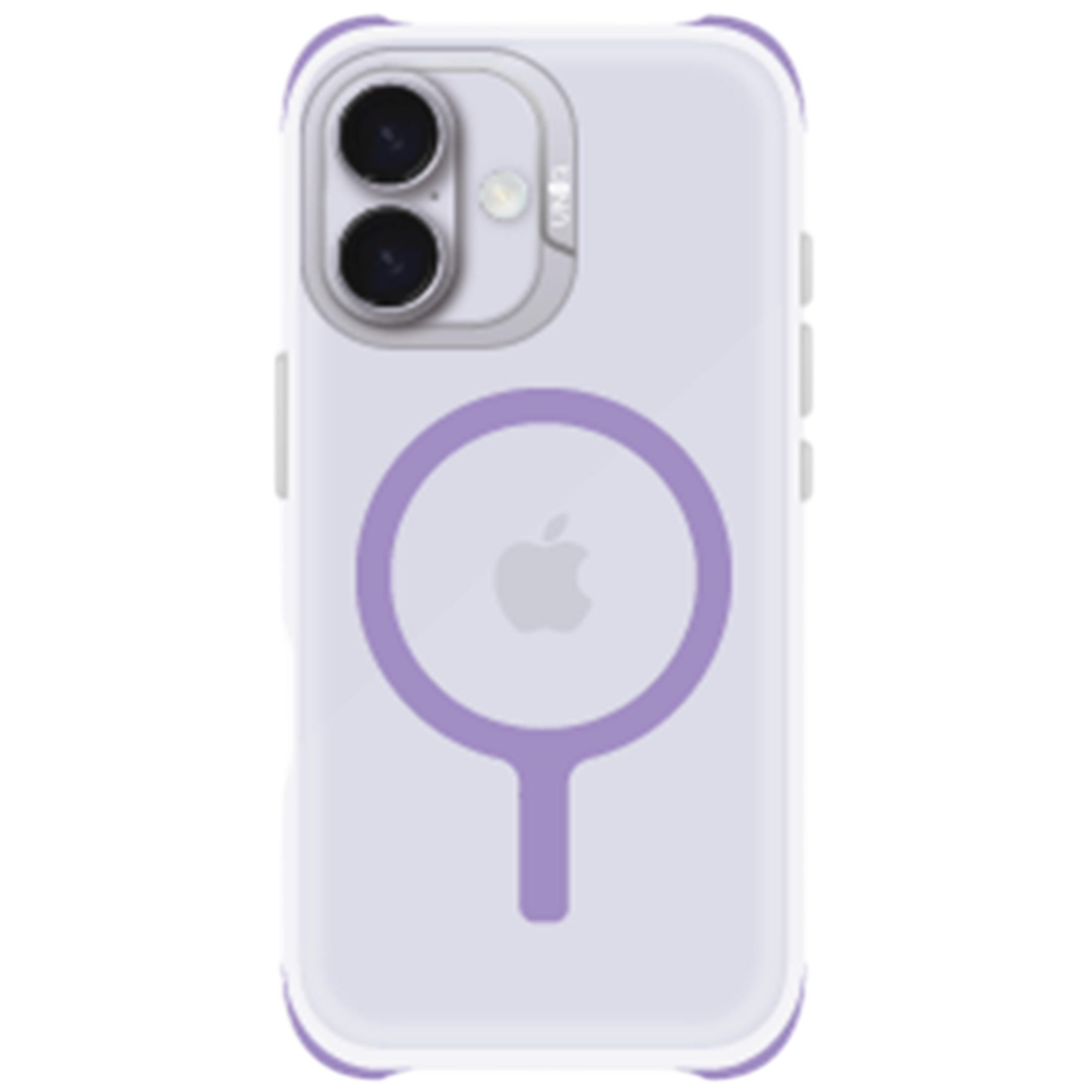Apple logosu ve MagSafe halkası olan mor iPhone kılıfı.