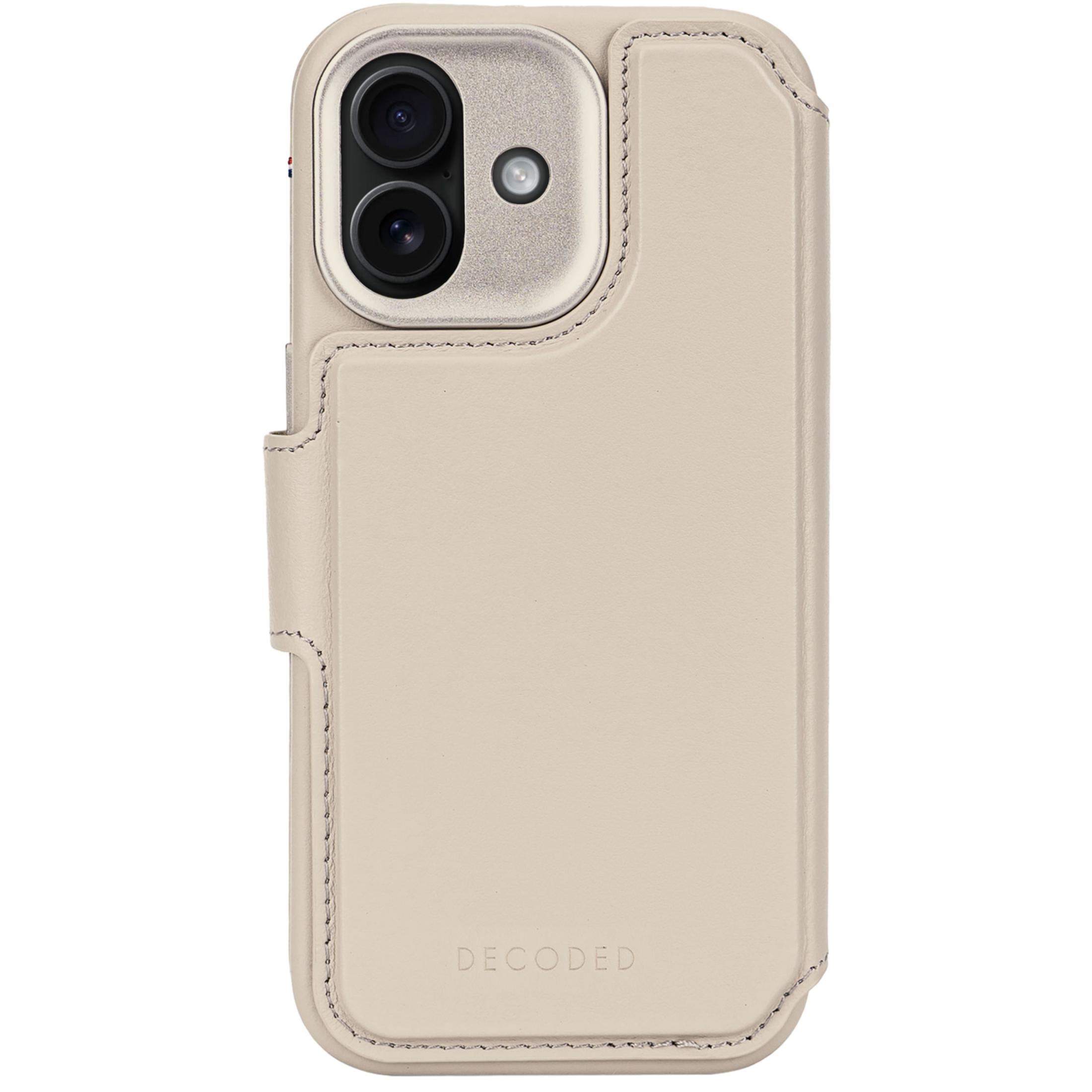 Ein beiger Leder-iPhone-Hülle mit zwei Kameras und Blitz.