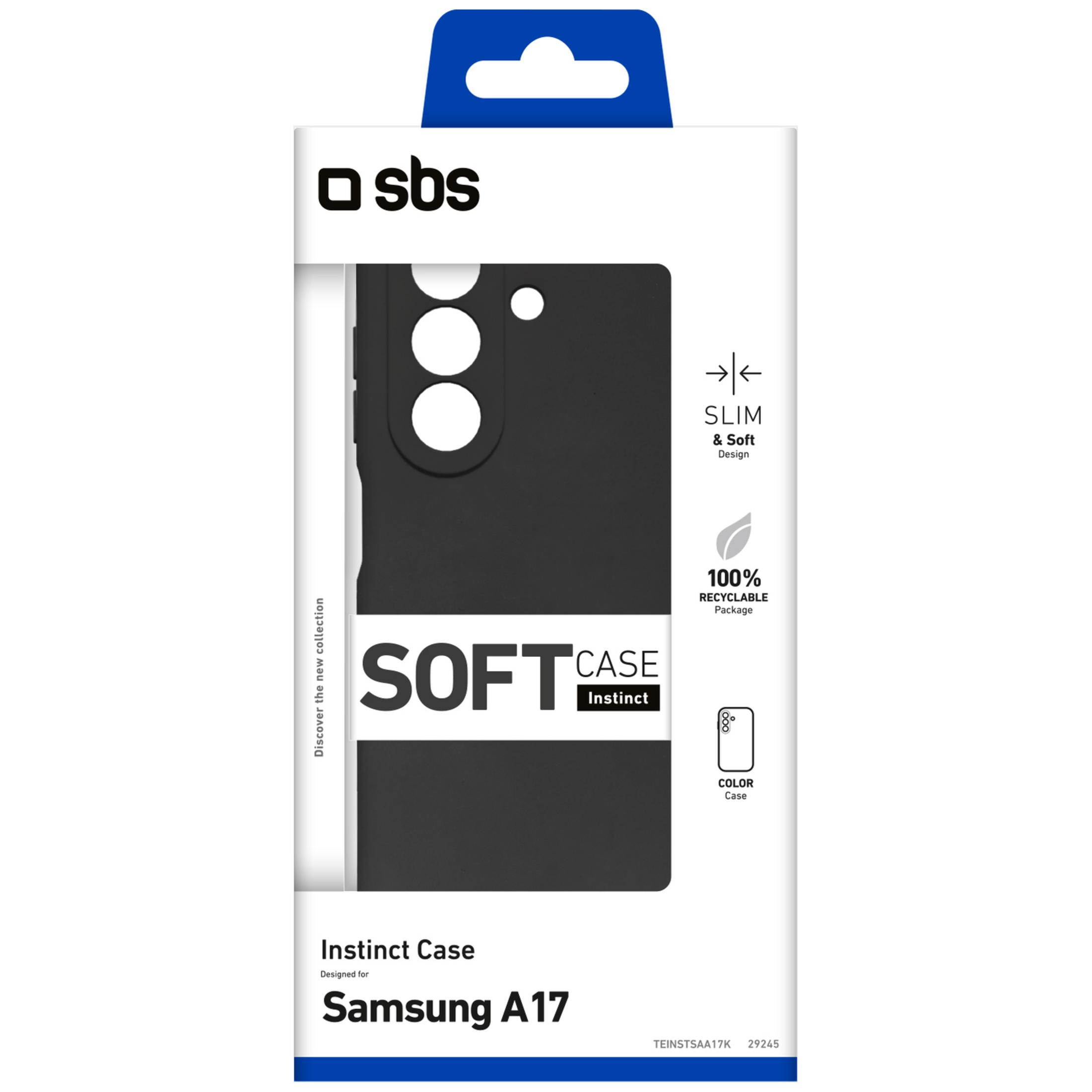 Verpackung für eine schwarze SBS Instinct Soft Case für Samsung A17. Schlankes Design.