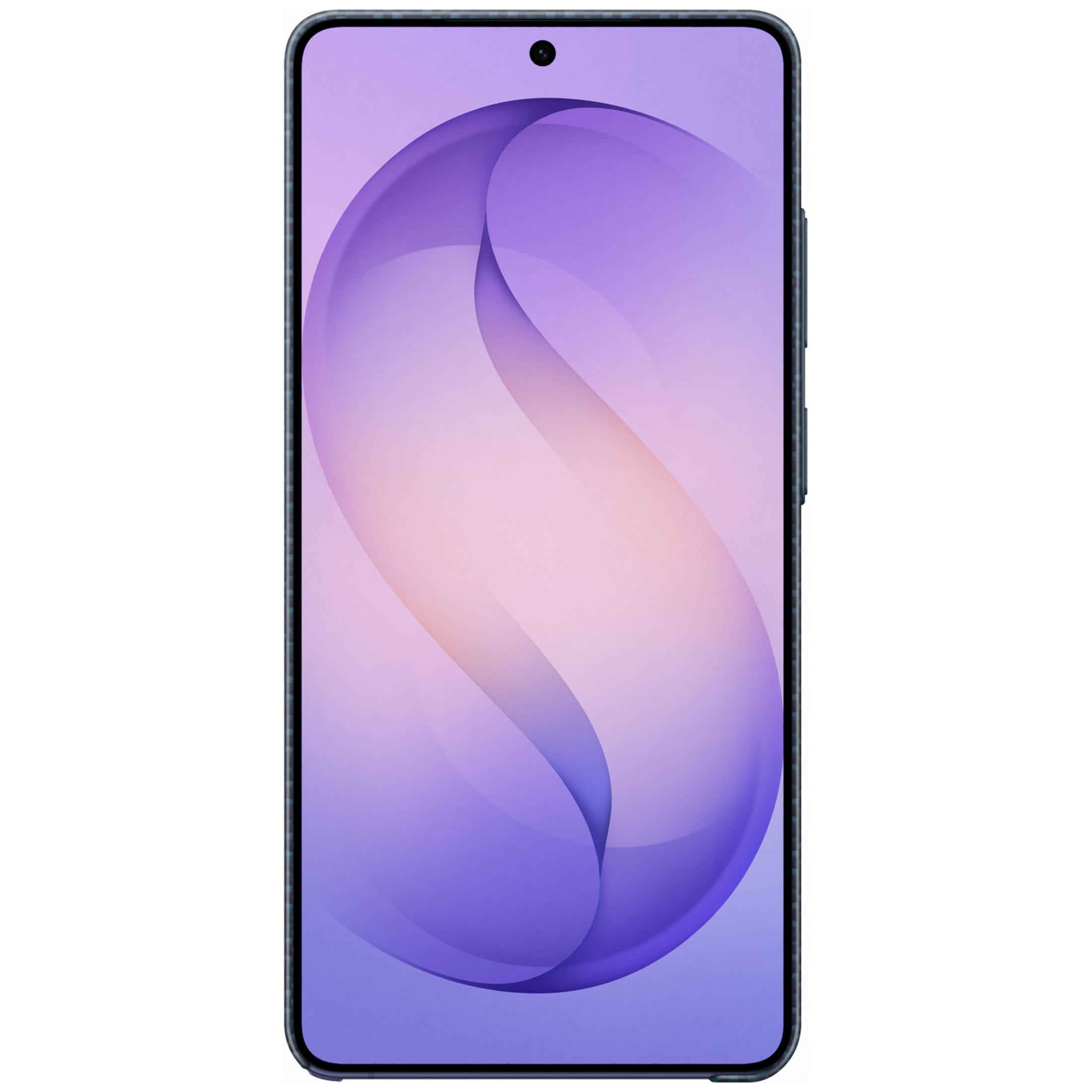 Een donkere smartphone met een paars en roze golvend patroon behang.