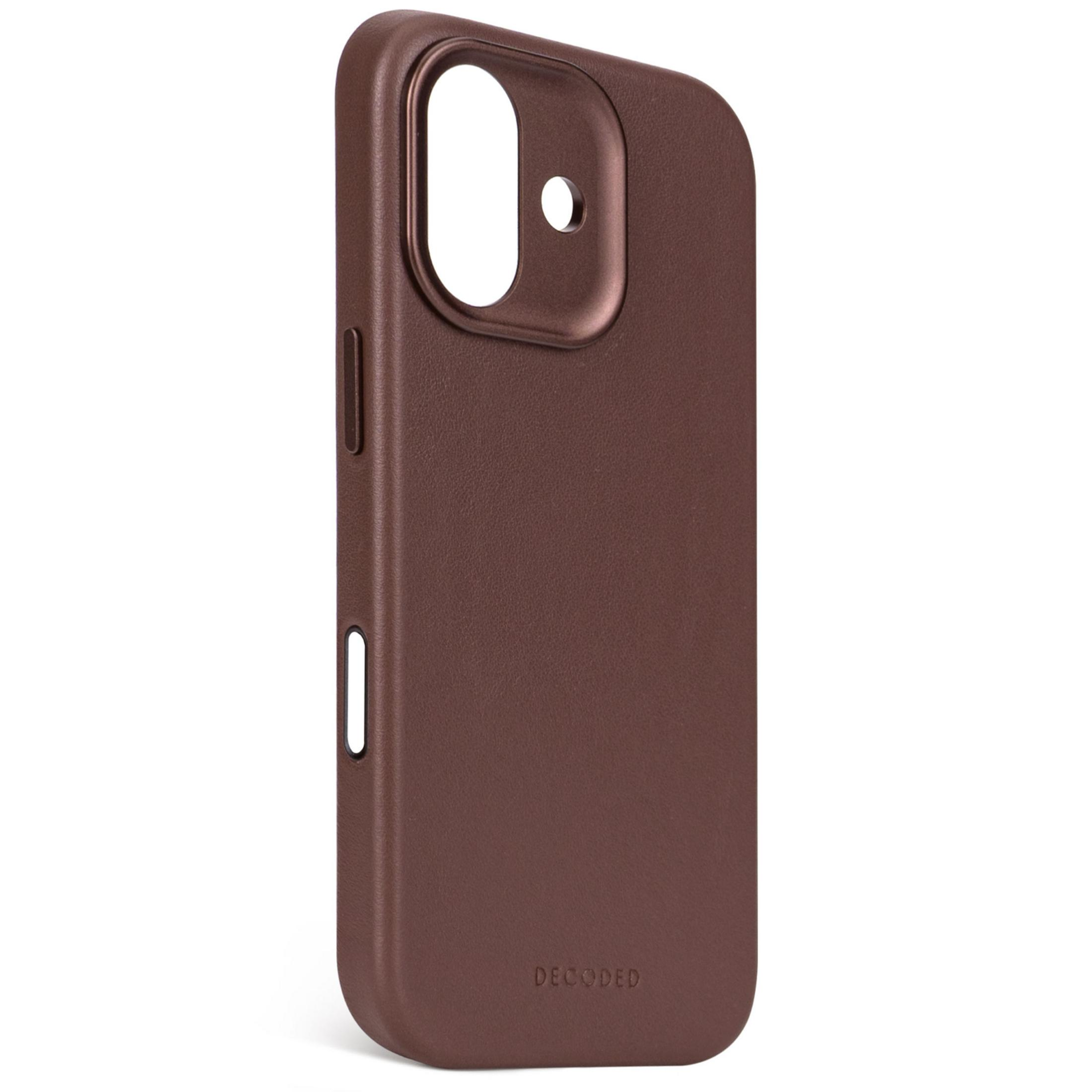 Braune Lederhülle für ein Smartphone mit Kameraaussparung und Logo.