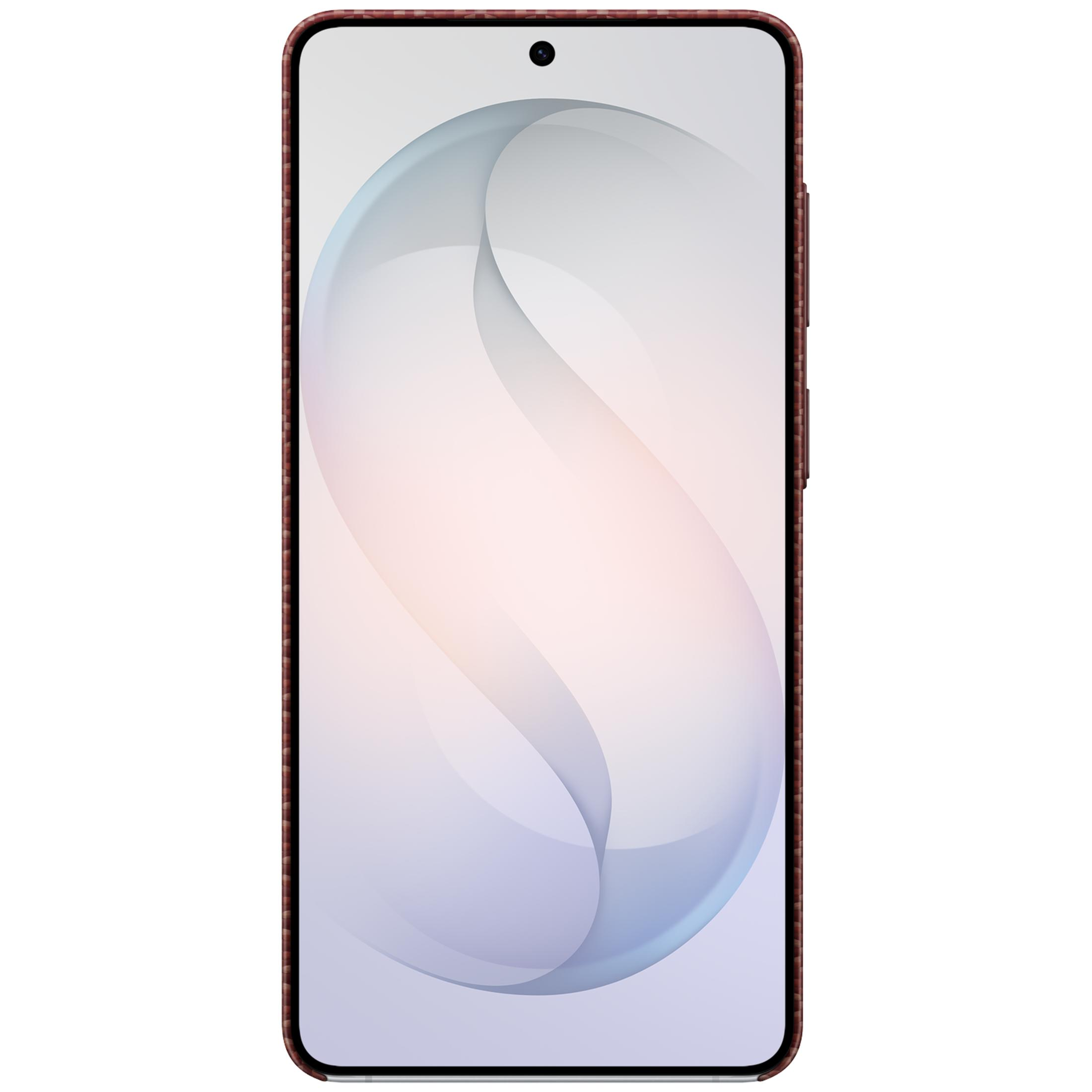 Een slanke smartphone met een donker frame en abstracte achtergrond.