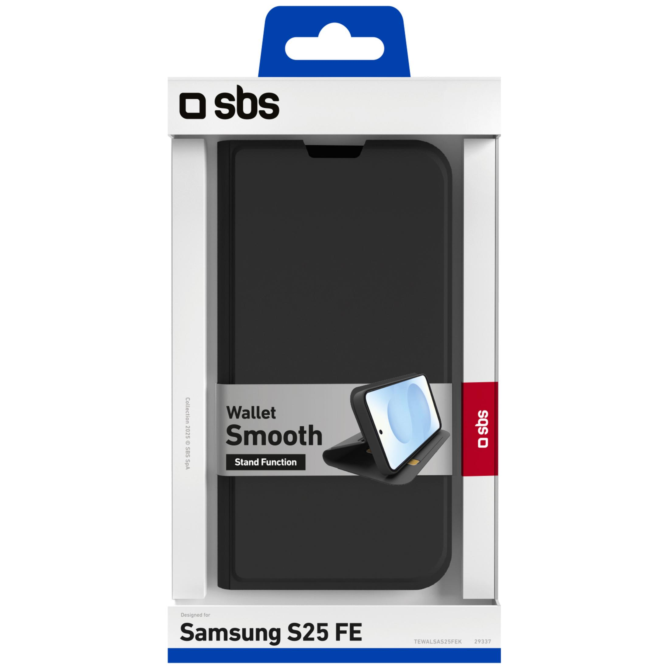 Schwarze SBS Brieftasche mit Ständerfunktion für Samsung S25 FE.