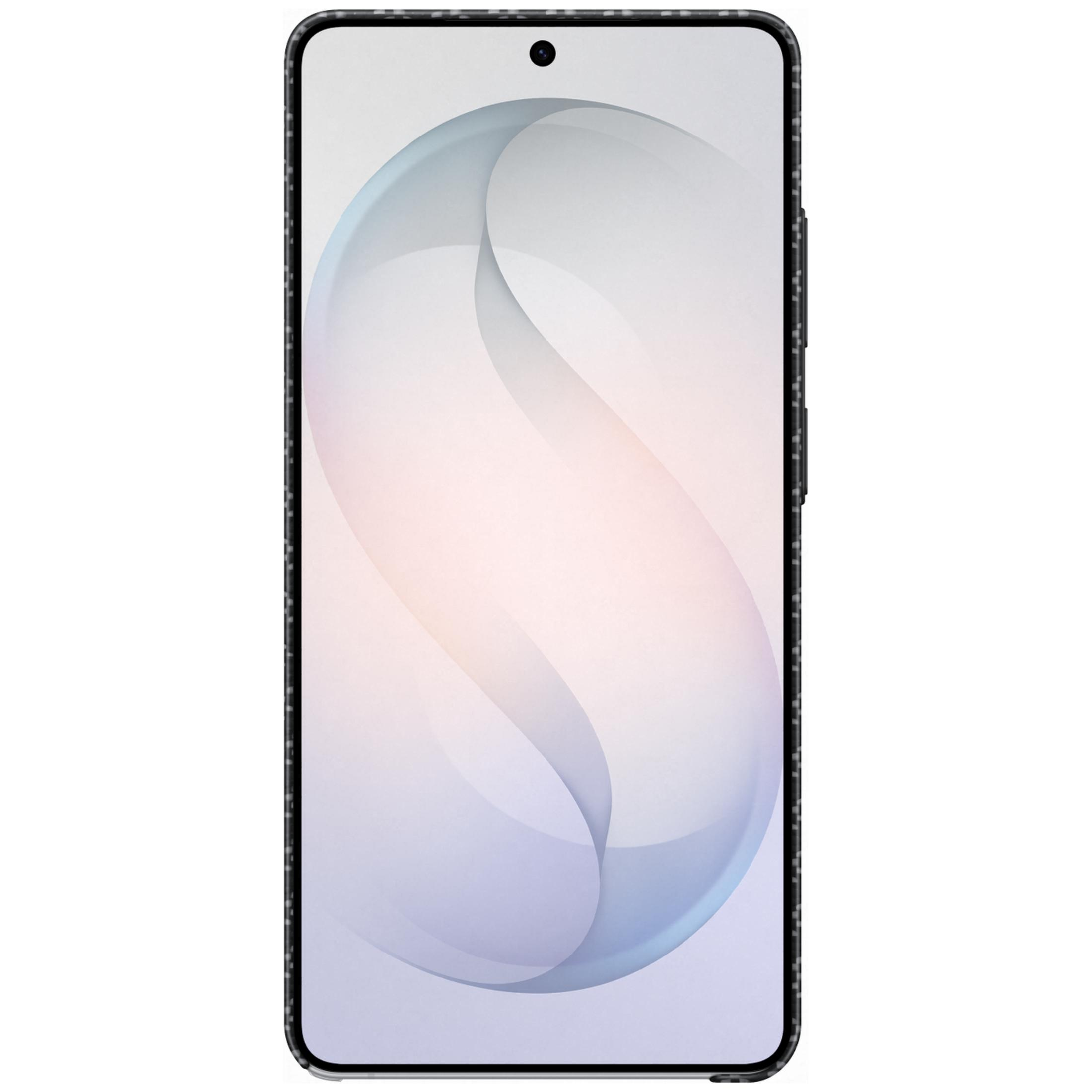 Een zwarte smartphone met een golvend patroon op het scherm.