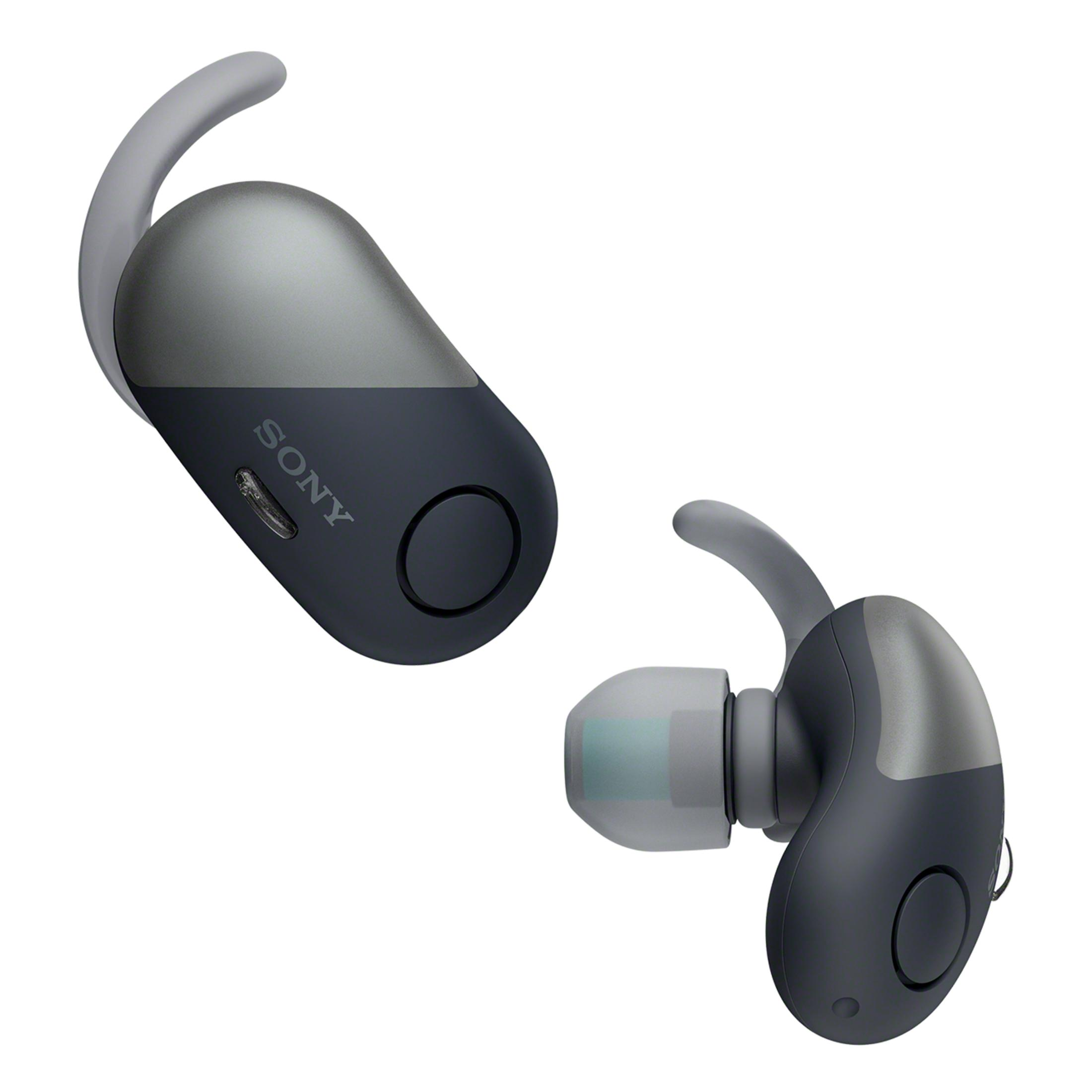 Due auricolari Sony grigi, su sfondo bianco.