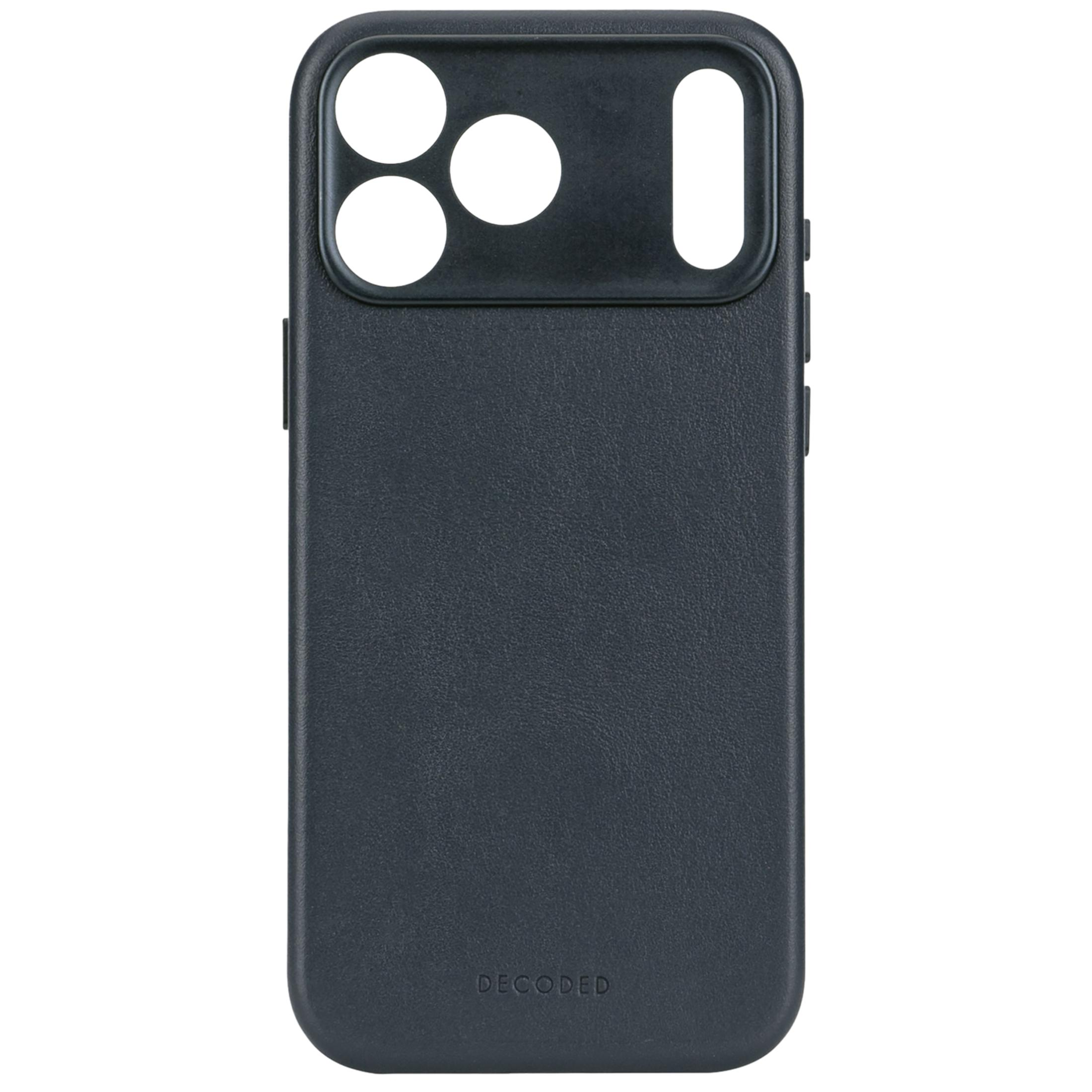 Dunkelgraues Handycover mit Aussparungen für Kamera und Blitz, Logo unten.
