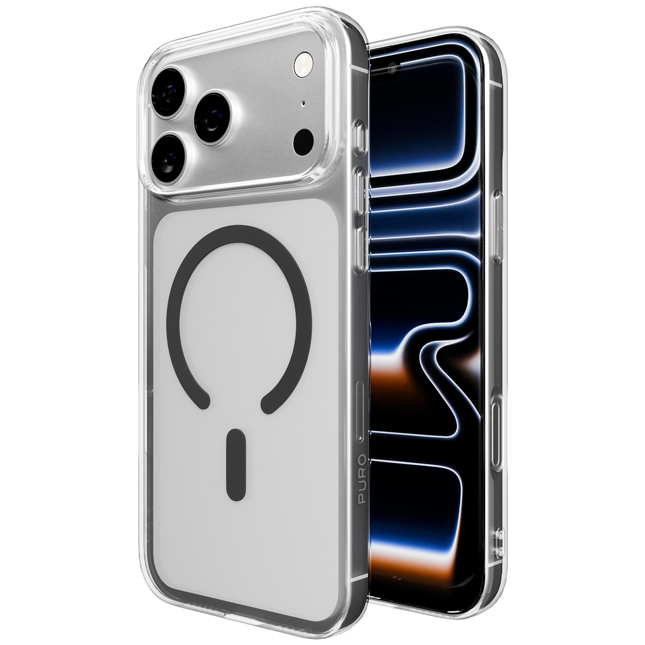Custodia trasparente per telefono con fotocamere e cerchio magnetico sul retro.