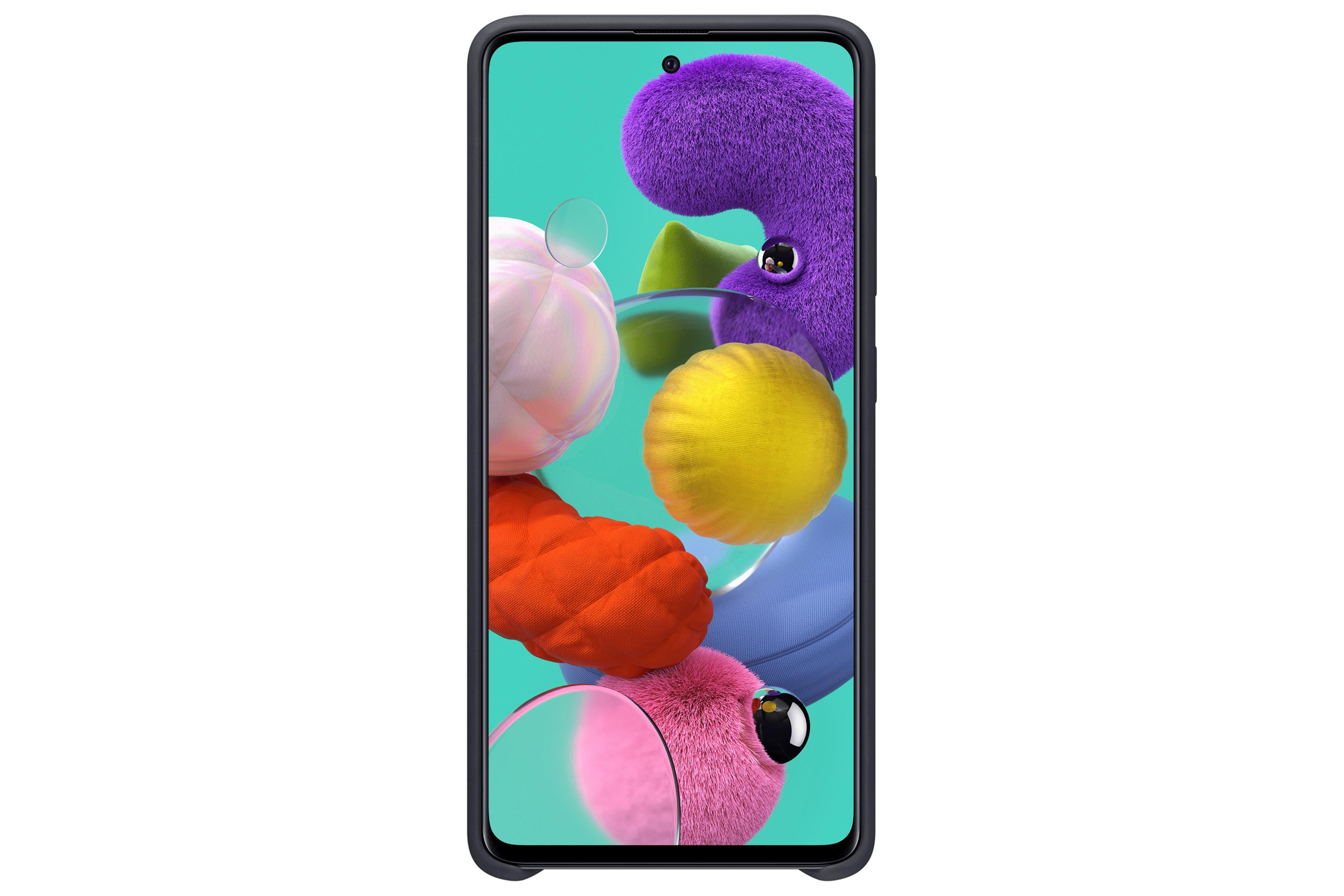 Ein Smartphone mit einem bunten, abstrakten Hintergrundbild. Lila, orange, gelbe und rosa Elemente.
