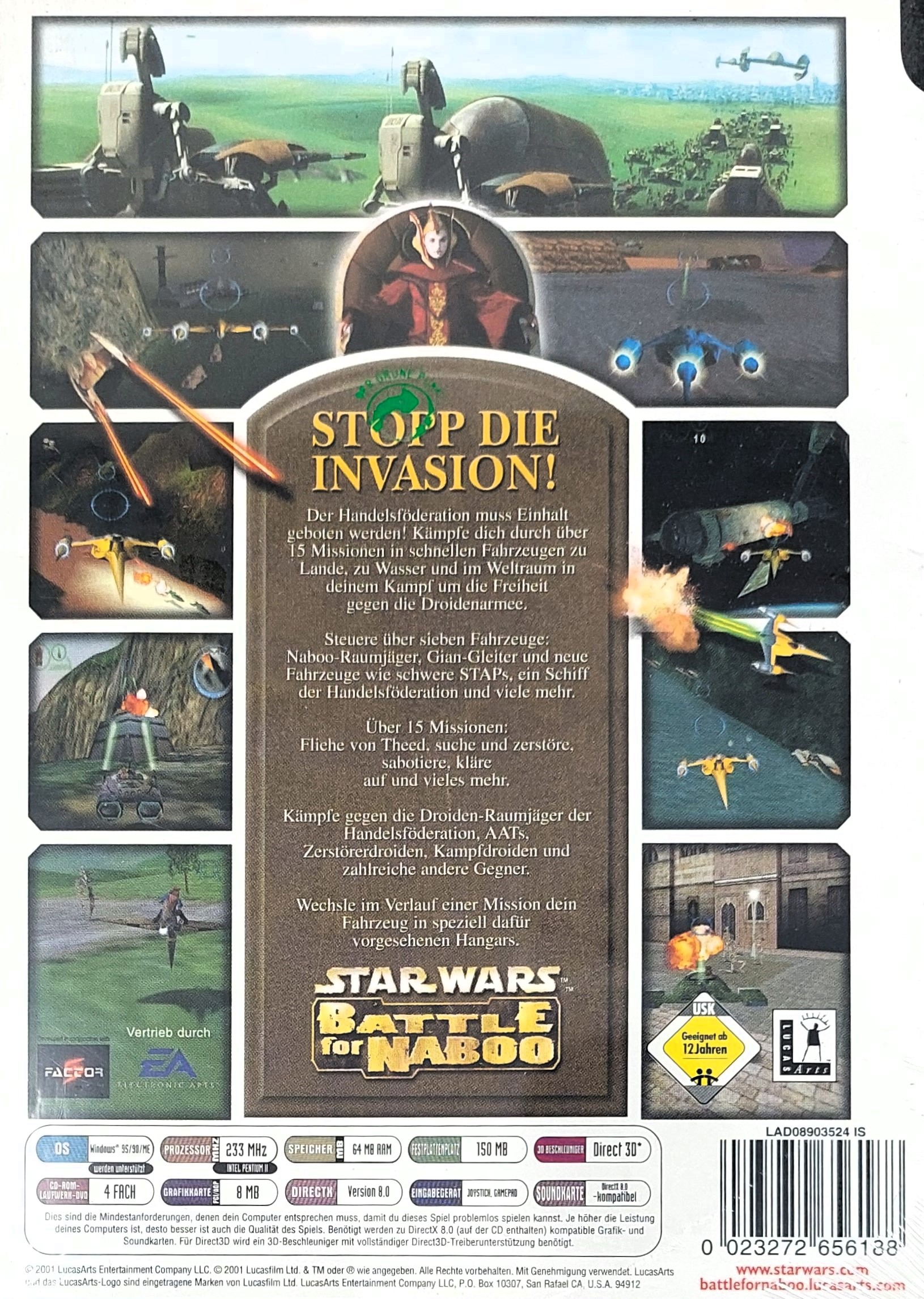 Star Wars: Battle for Naboo-Spielverpackung mit Szenen aus dem Spiel und Systemanforderungen.