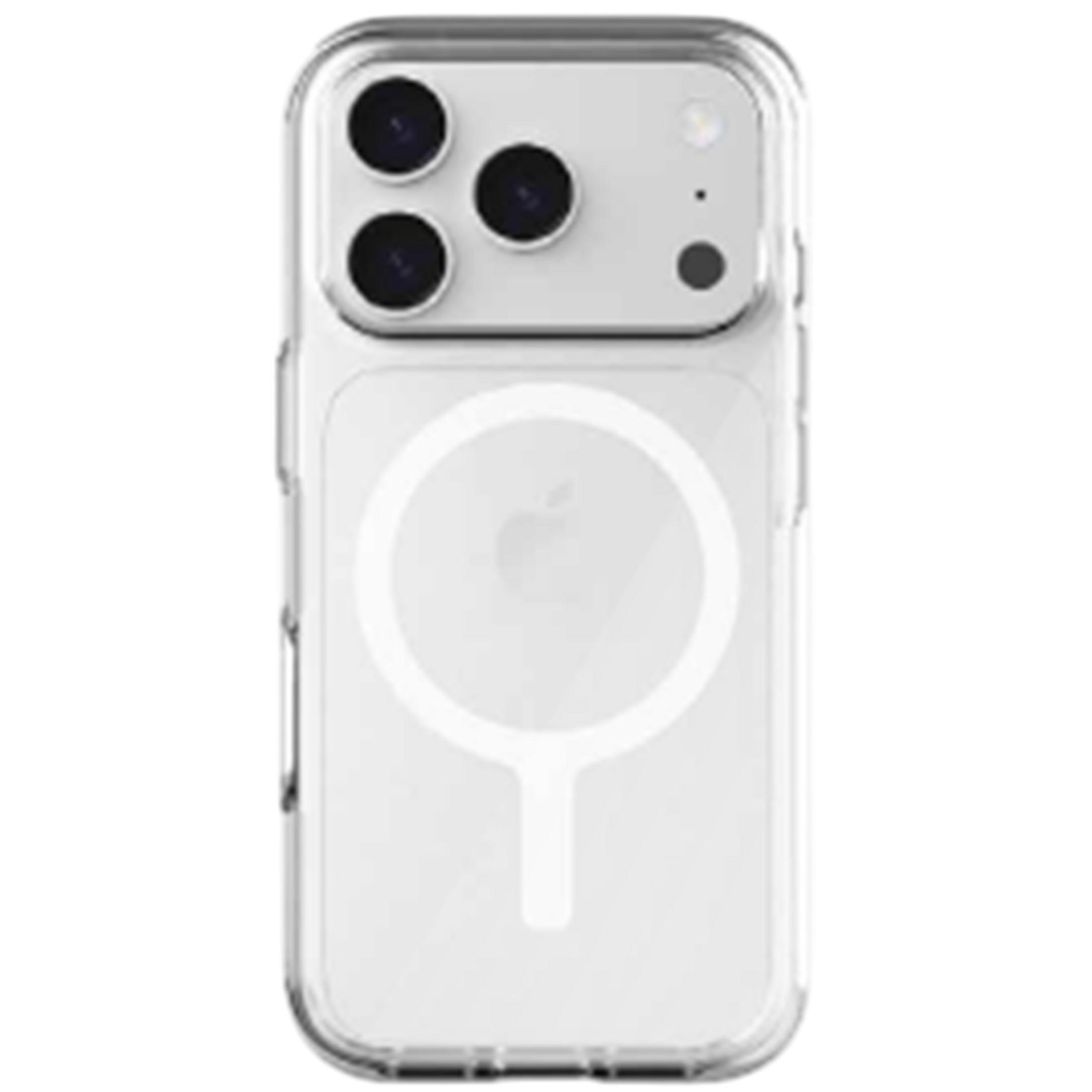 Üç kameralı ve manyetik halkalı iPhone için şeffaf kılıf.