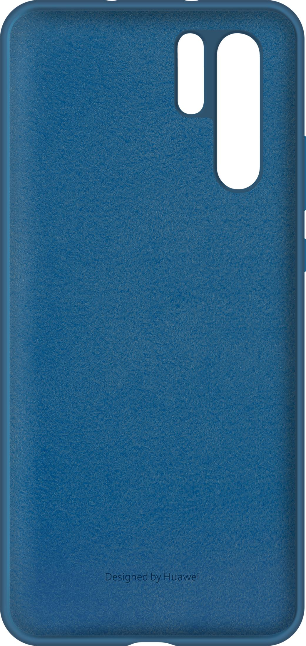 Una custodia blu per telefono con ritagli per fotocamera e pulsanti. In basso c'è scritto 'Designed by Huawei'.