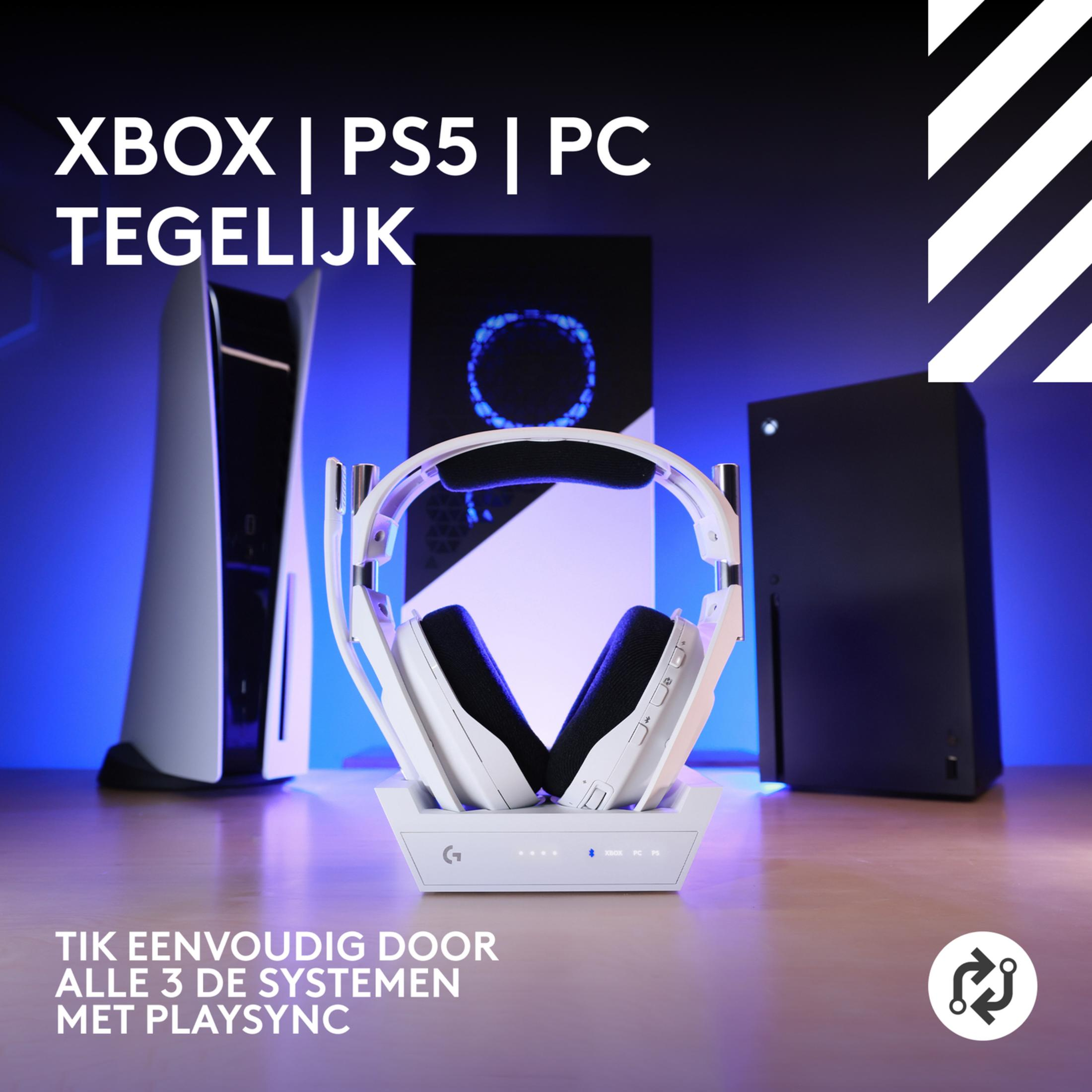Białe słuchawki gamingowe z konsolami PS5, Xbox i PC.