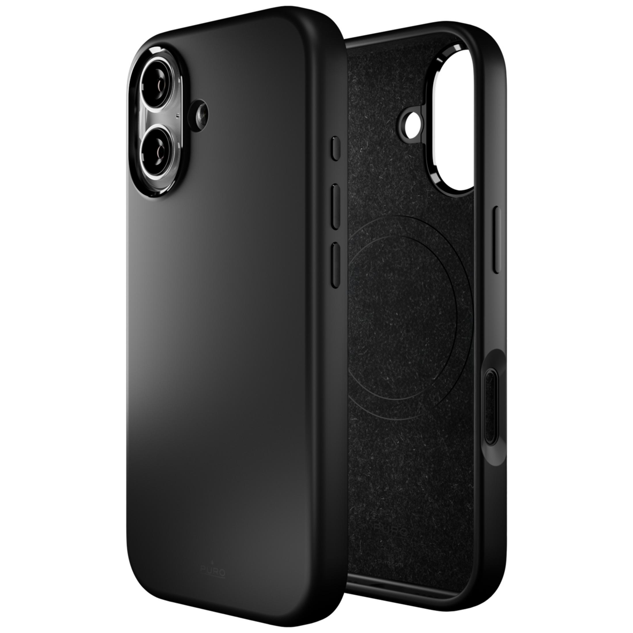 Viene mostrata una custodia per telefono nera, aperta per rivelare la fodera interna e il ritaglio della fotocamera.