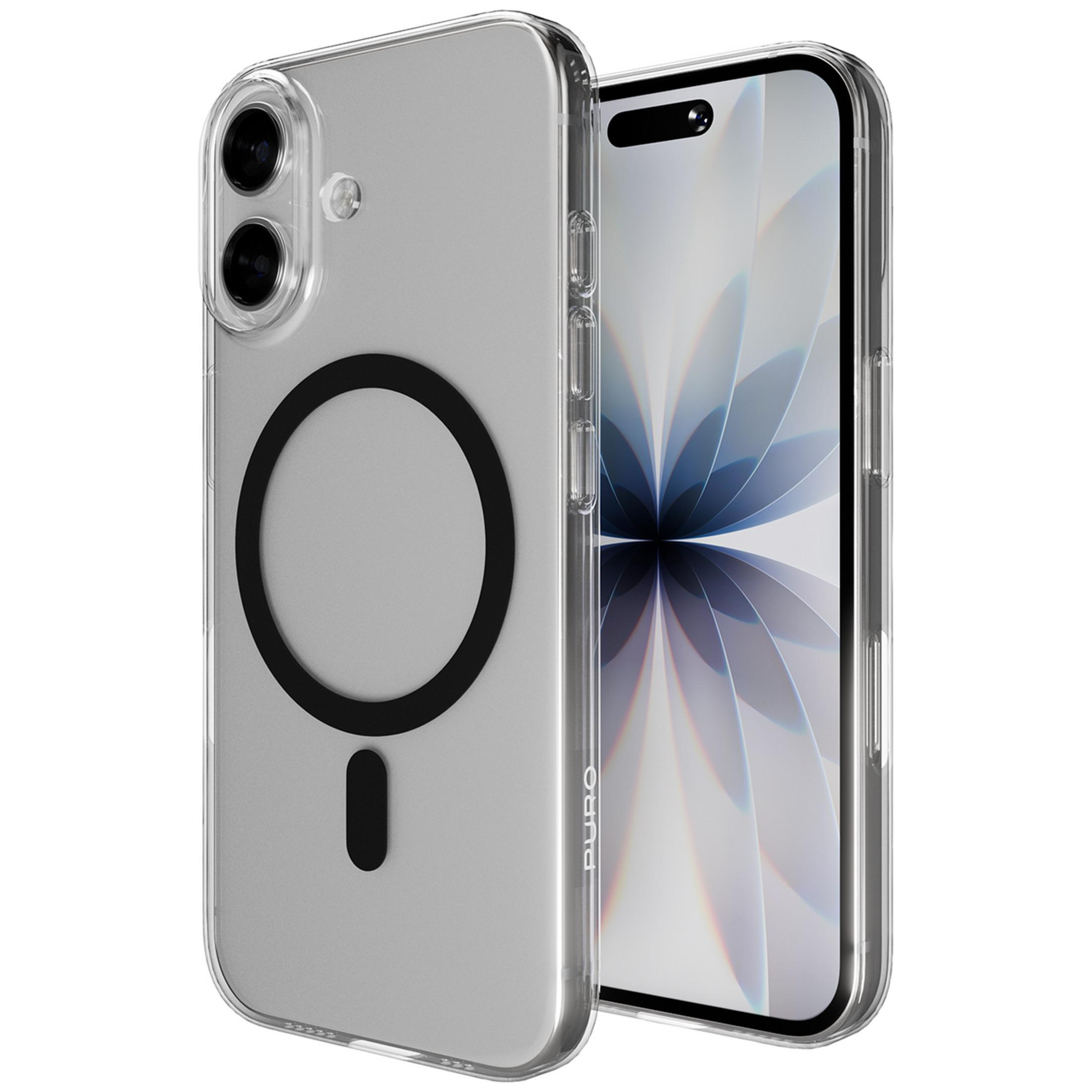 Transparente Hülle mit schwarzem Kreis- und Strichmuster für ein Smartphone.