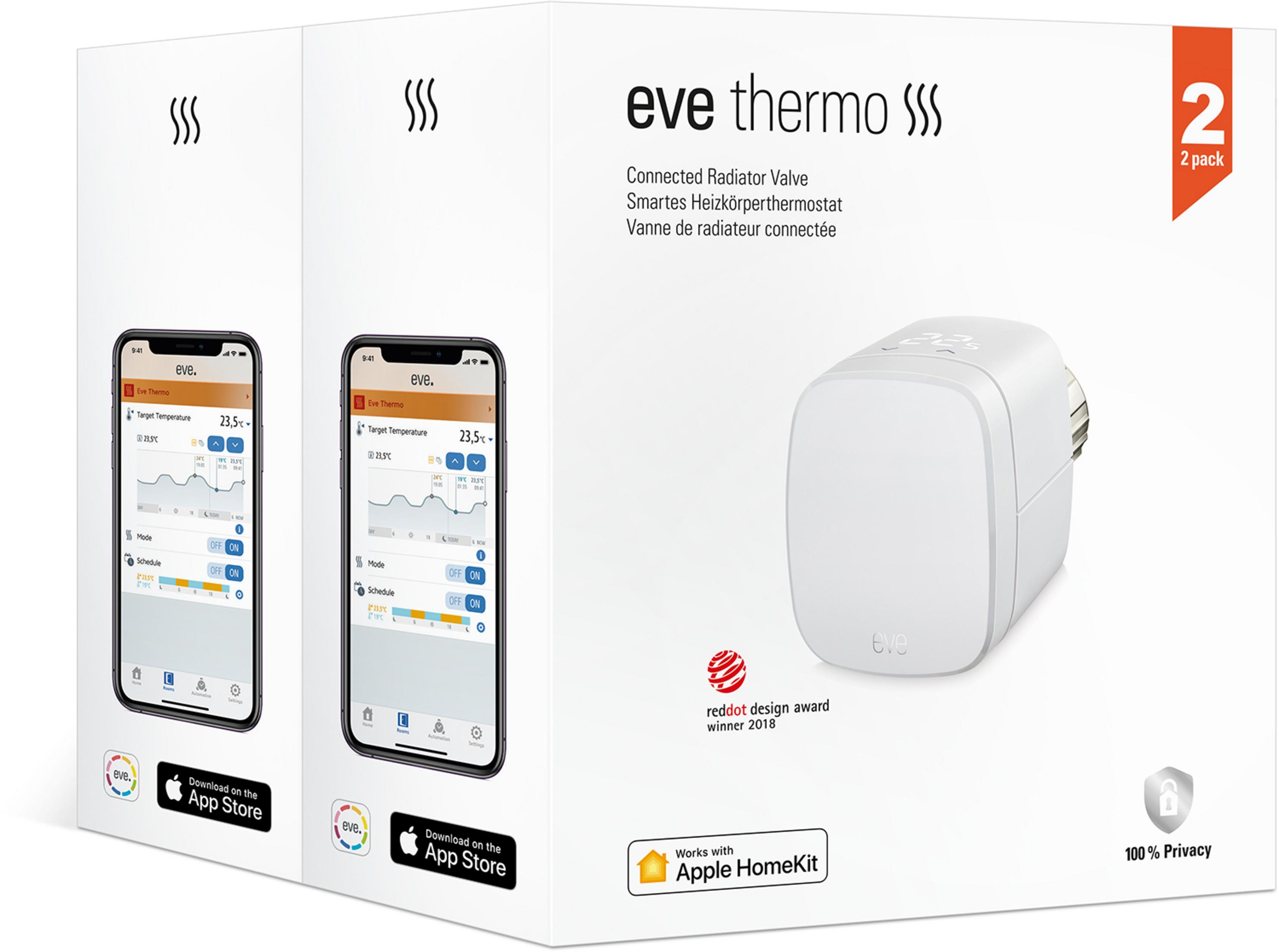 Verpackung mit Eve Thermo Heizkörperventilen, App-Screenshots und Auszeichnungen.