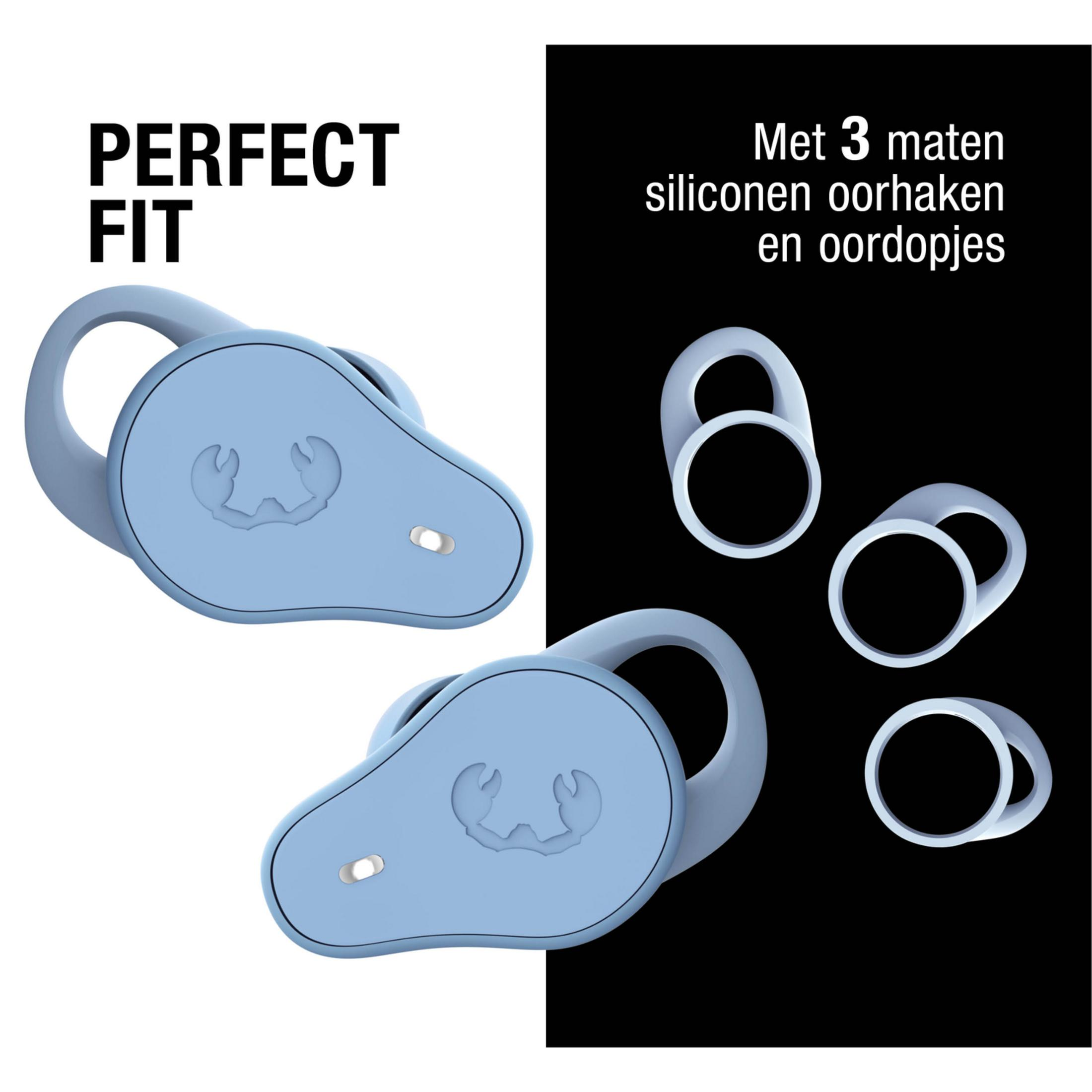 Blaue Ohrhörer mit einem stilisierten Krabbel-Logo und drei verschiedenen Größen von Silikon-Ohrhaken.