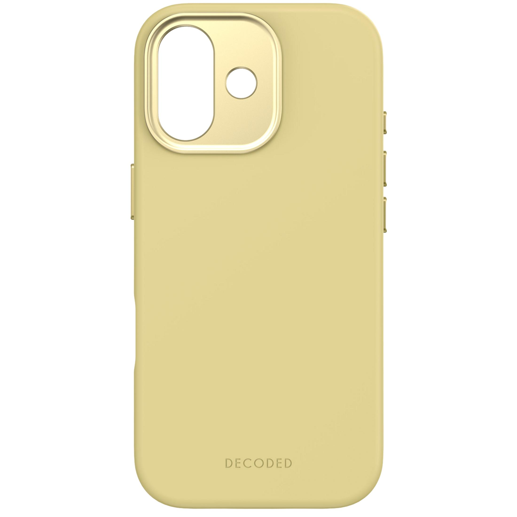 Custodia gialla per telefono con ritaglio fotocamera e logo 'DECODED'.