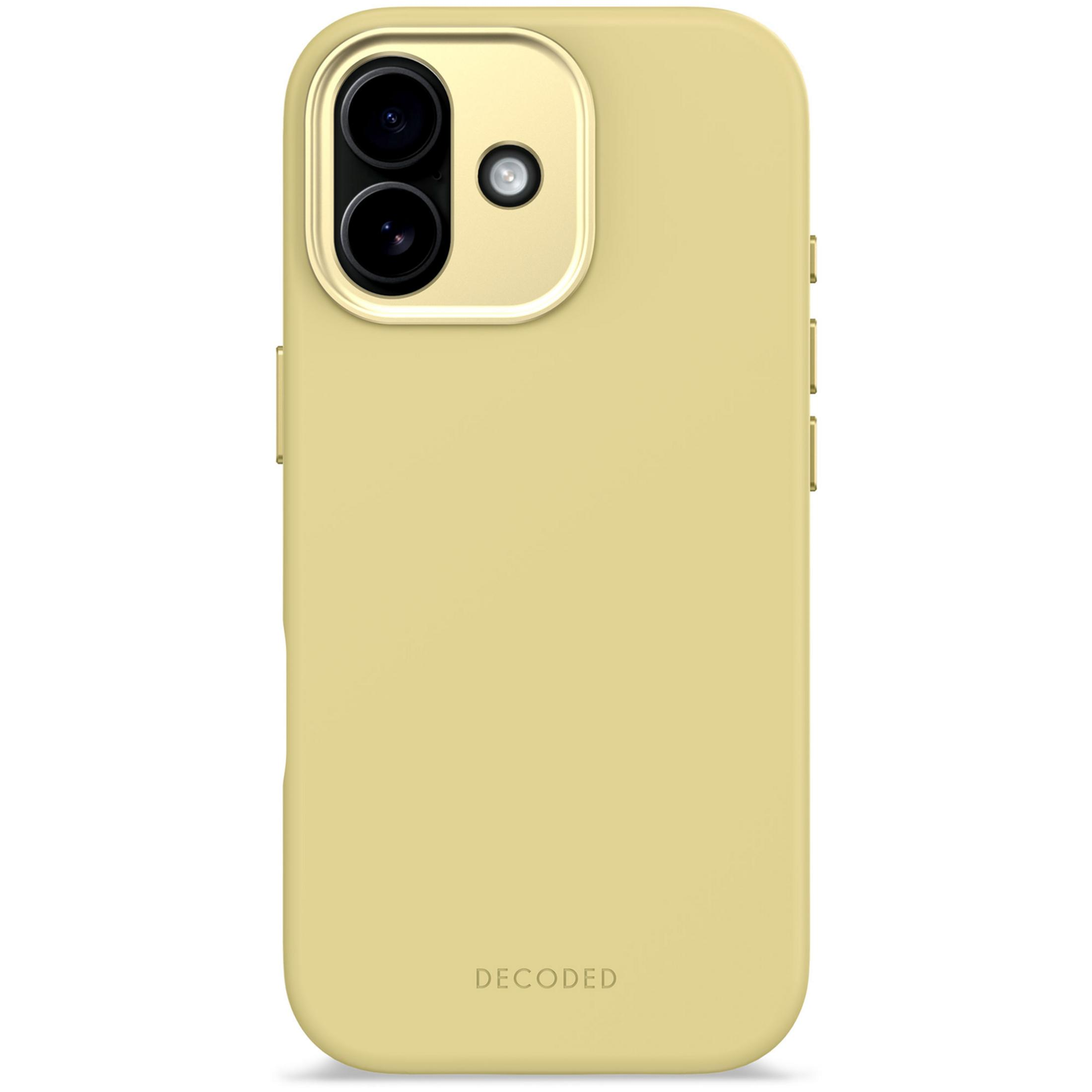 Custodia gialla per telefono con ritaglio fotocamera e logo argento.