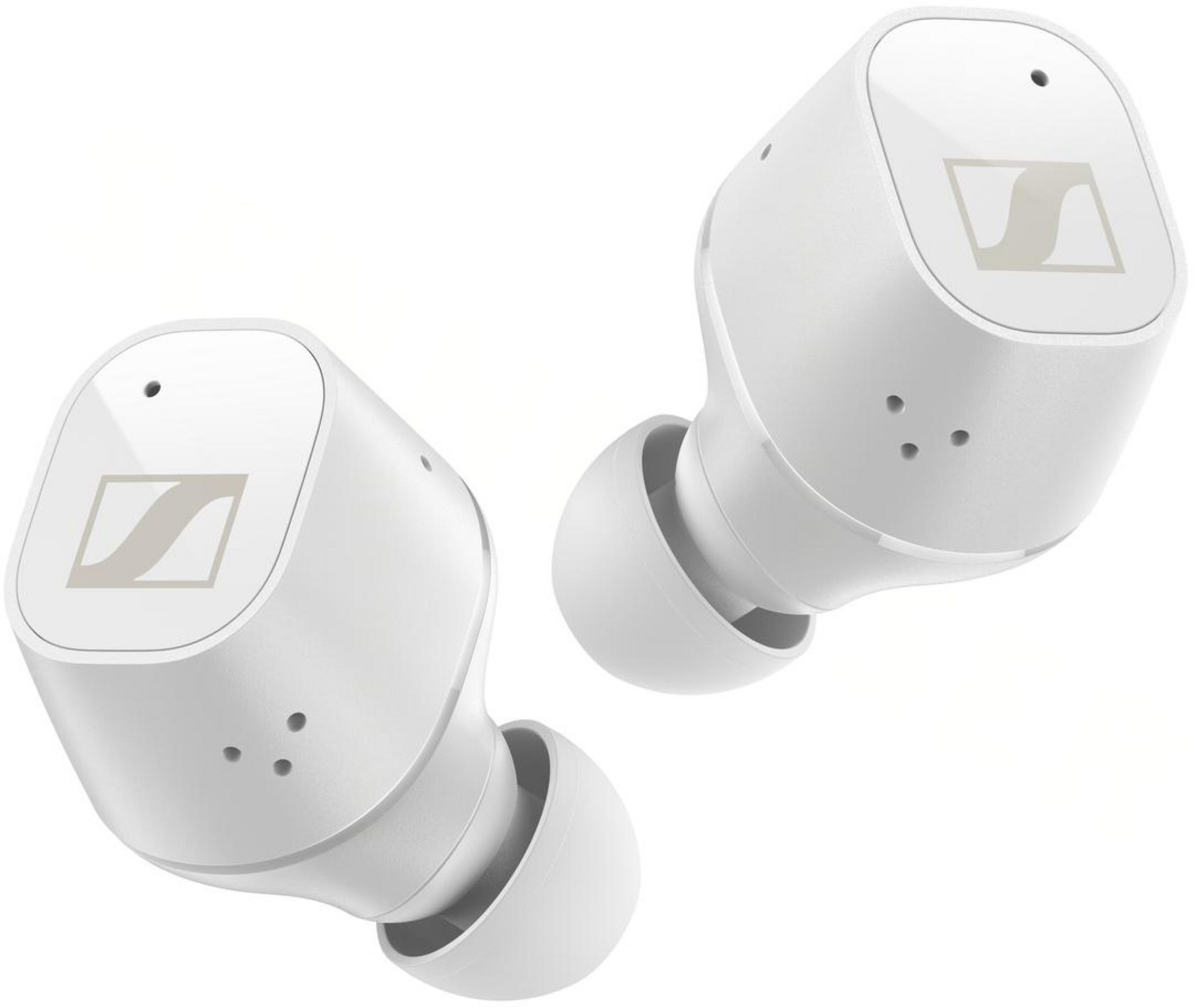 Zwei weiße Sennheiser Kopfhörer mit Logo auf weißem Hintergrund.