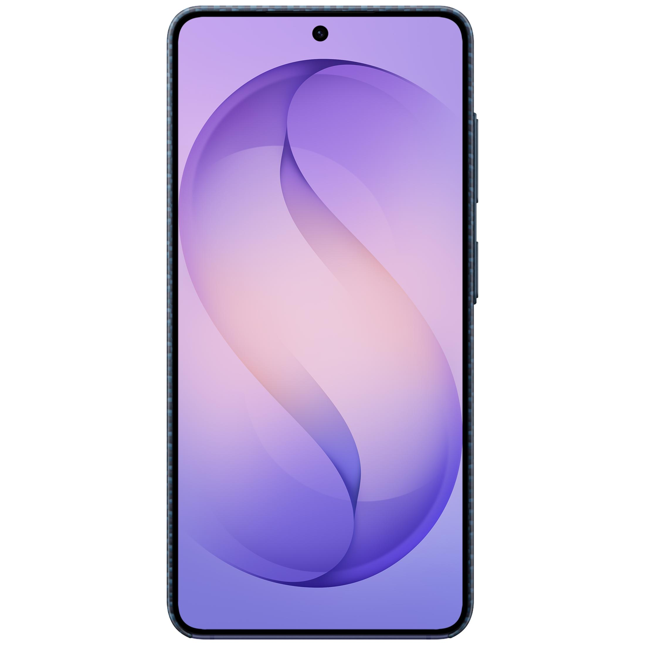 Un smartphone sombre affichant un fond d'ondes violettes et roses.